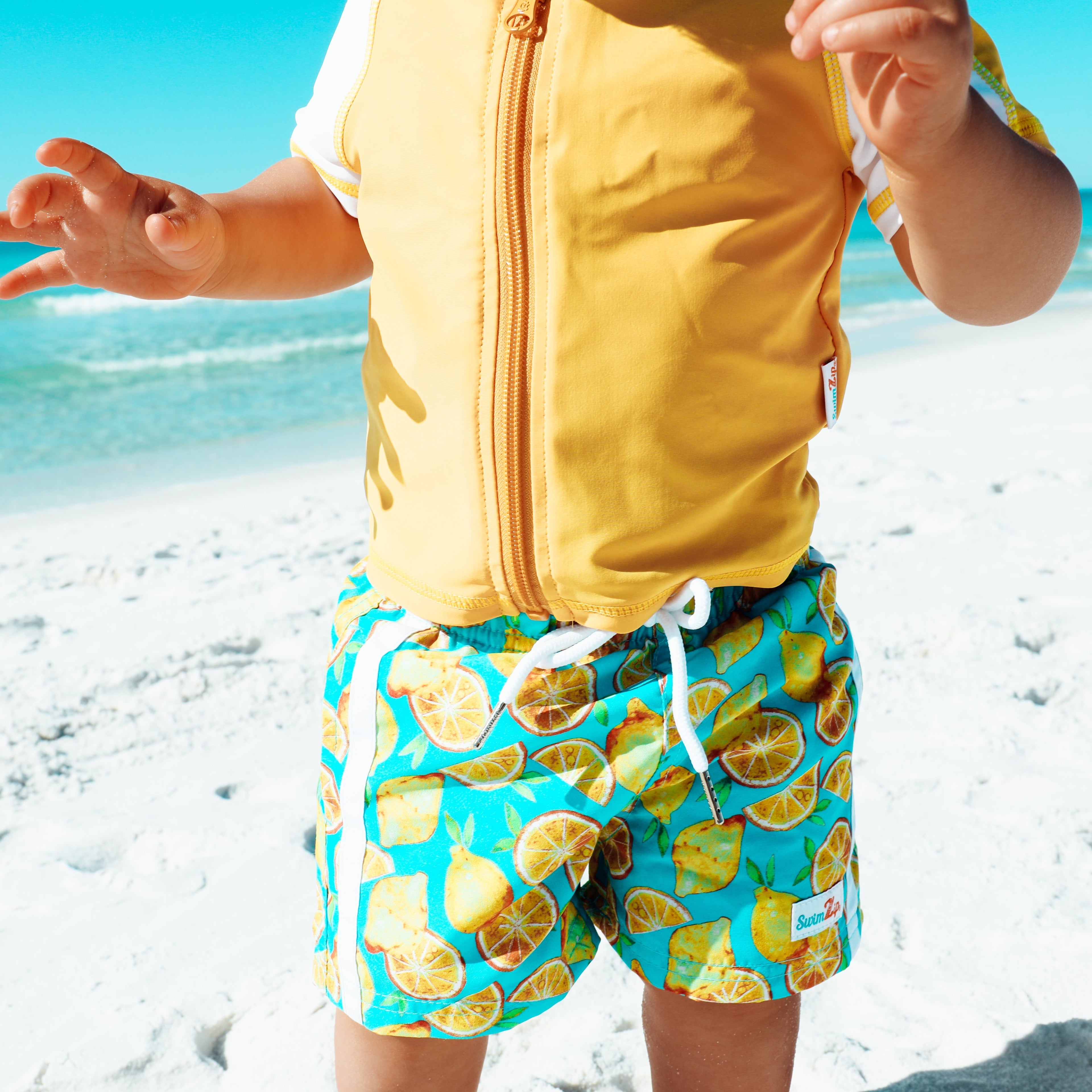 Boys Short Sleeve Zipper Rash Guard and Swim Trunk Set | "Lemons"-SwimZip UPF 50+ Sun Protective Swimwear & UV Zipper Rash Guards-pos5
