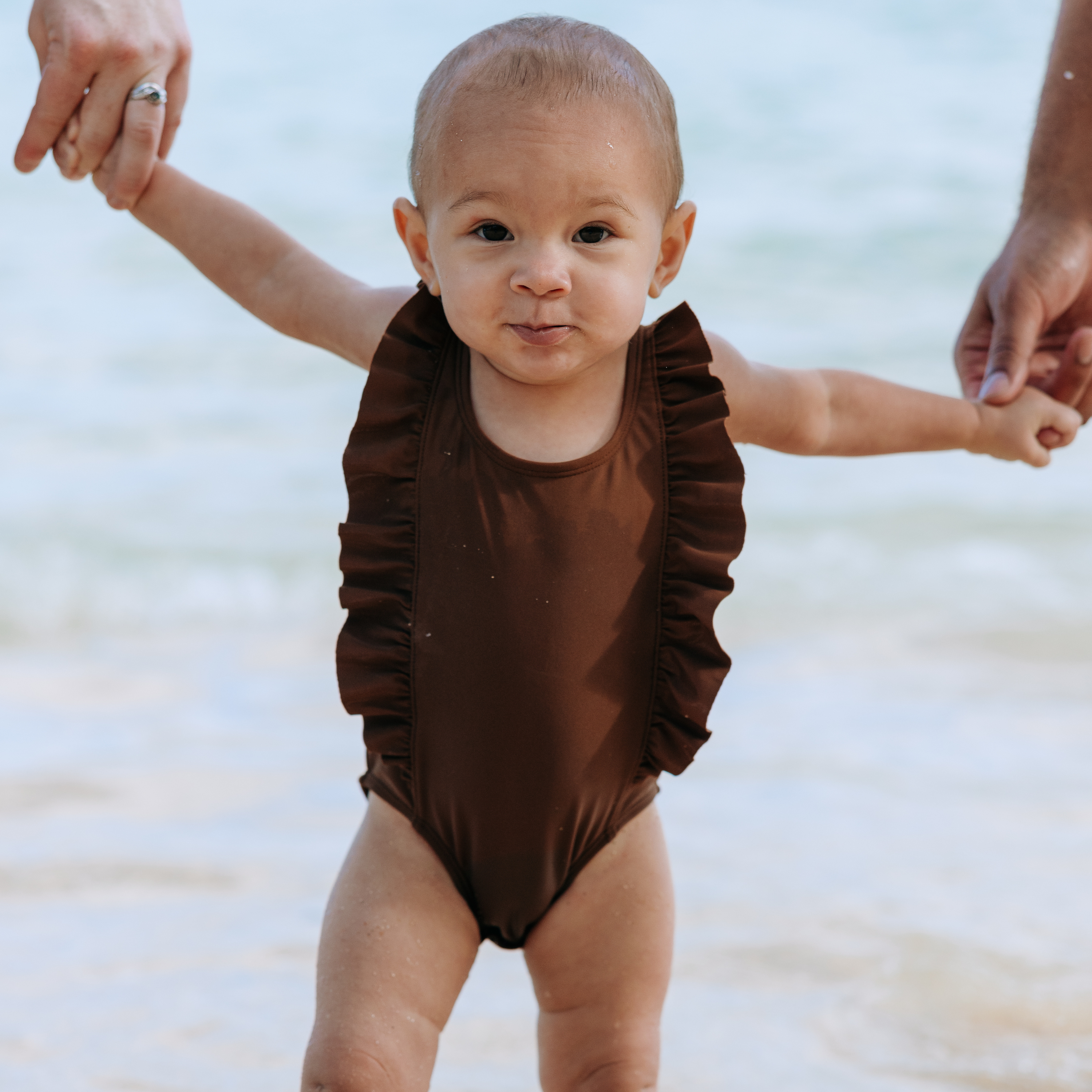 Girls Ruffle One-Piece Swimsuit | "Too Sweet" Cold Brew-SwimZip UPF 50+ Sun Protective Swimwear & UV Zipper Rash Guards-pos11