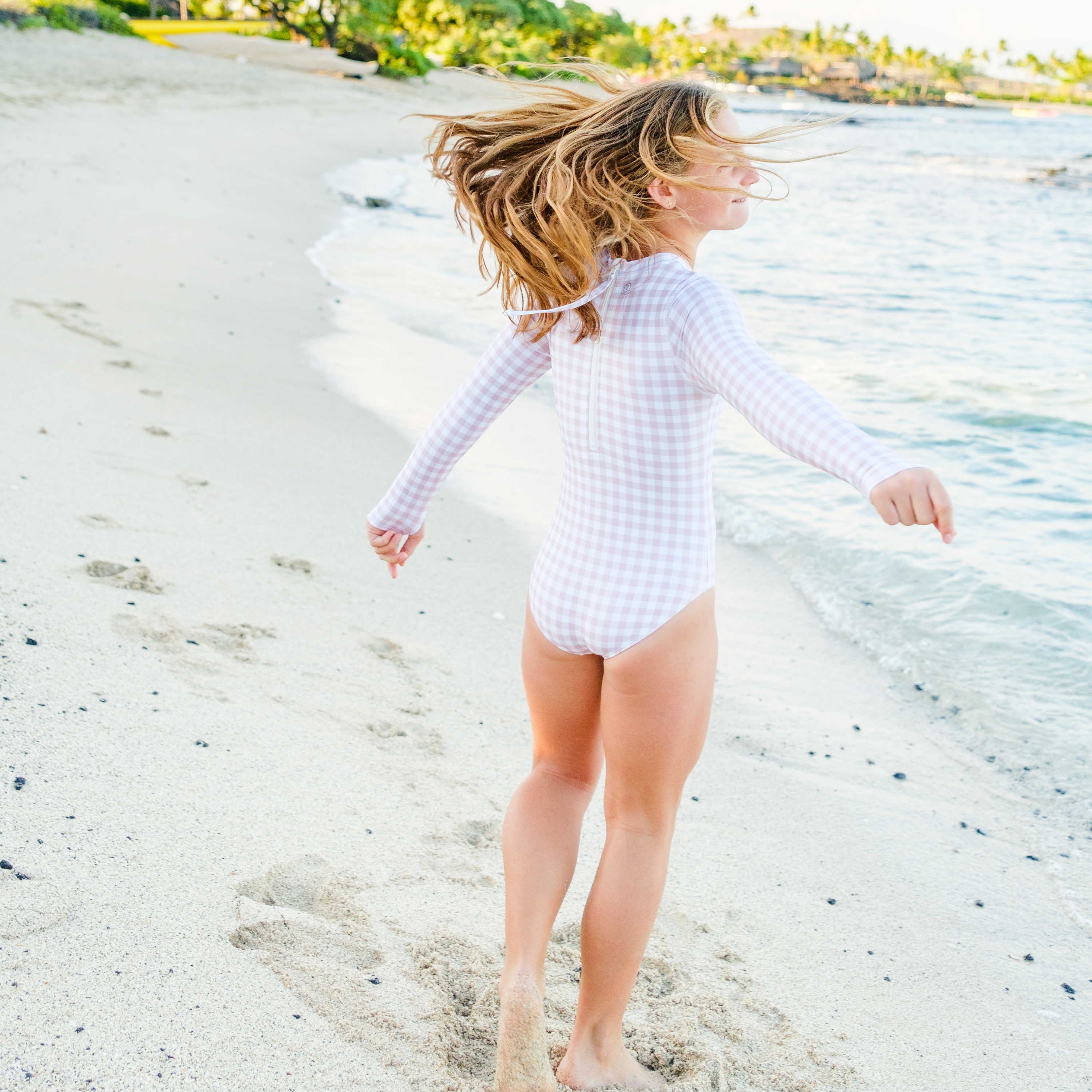 Girls Long Sleeve Surf Suit (One Piece Bodysuit) | "Pink Gingham"-SwimZip UPF 50+ Sun Protective Swimwear & UV Zipper Rash Guards-pos13