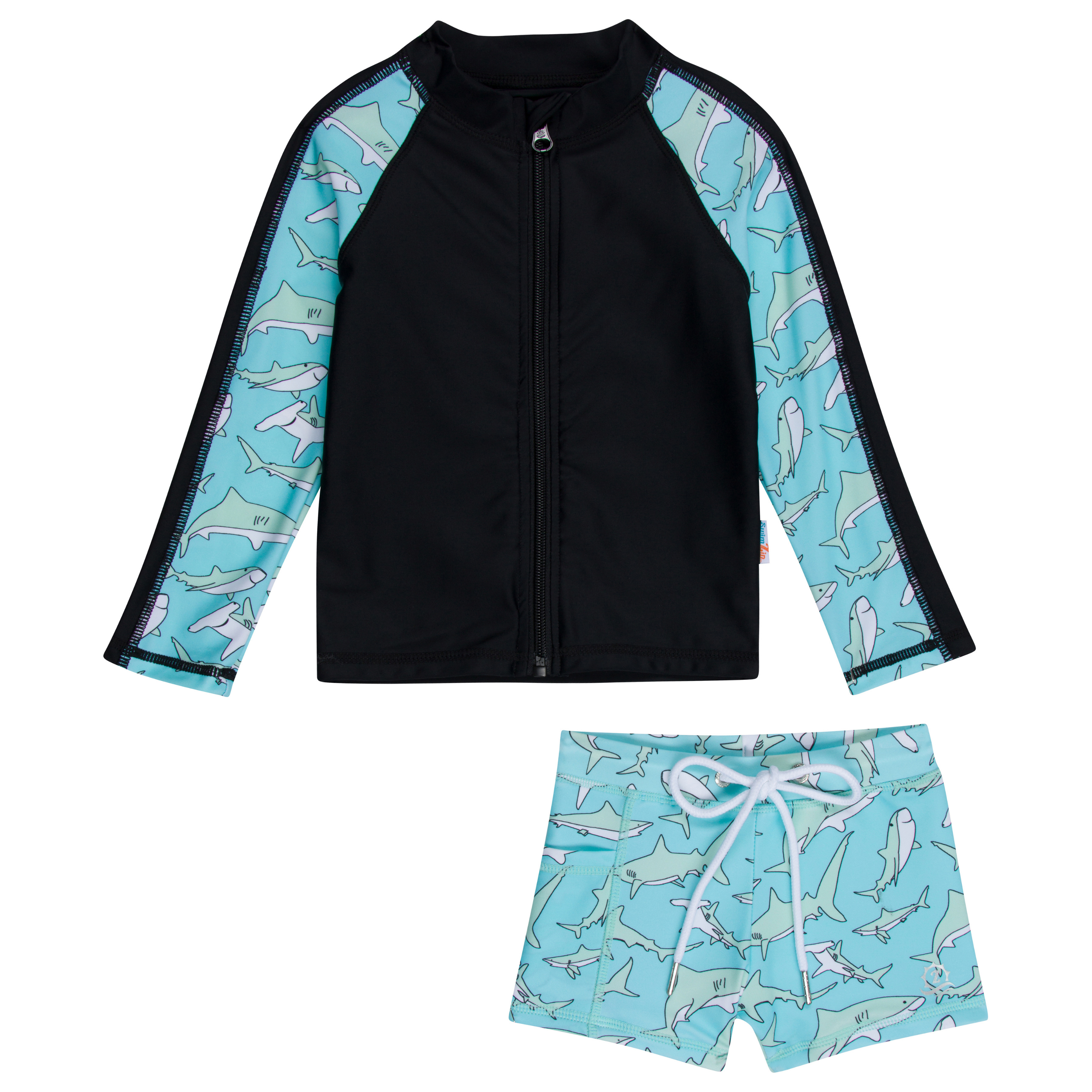 Kids Euro Shorties + Long Sleeve Rash Guard Set | "Deep Blue Sharks"-0-3 Month-Deep Blue Sharks-SwimZip UPF 50+ Sun Protective Swimwear & UV Zipper Rash Guards-pos1