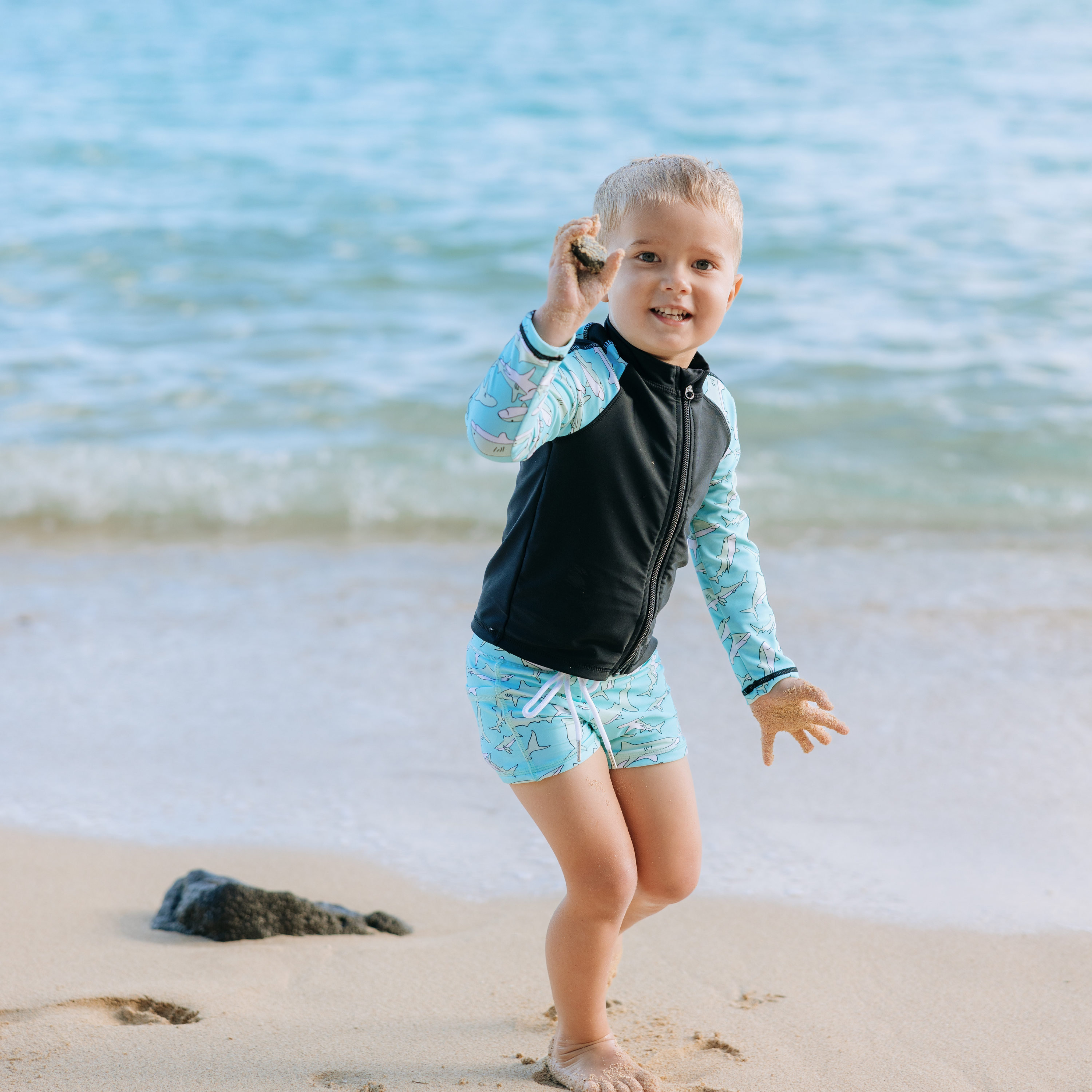 Kids Euro Shorties + Long Sleeve Rash Guard Set | "Deep Blue Sharks"-SwimZip UPF 50+ Sun Protective Swimwear & UV Zipper Rash Guards-pos2