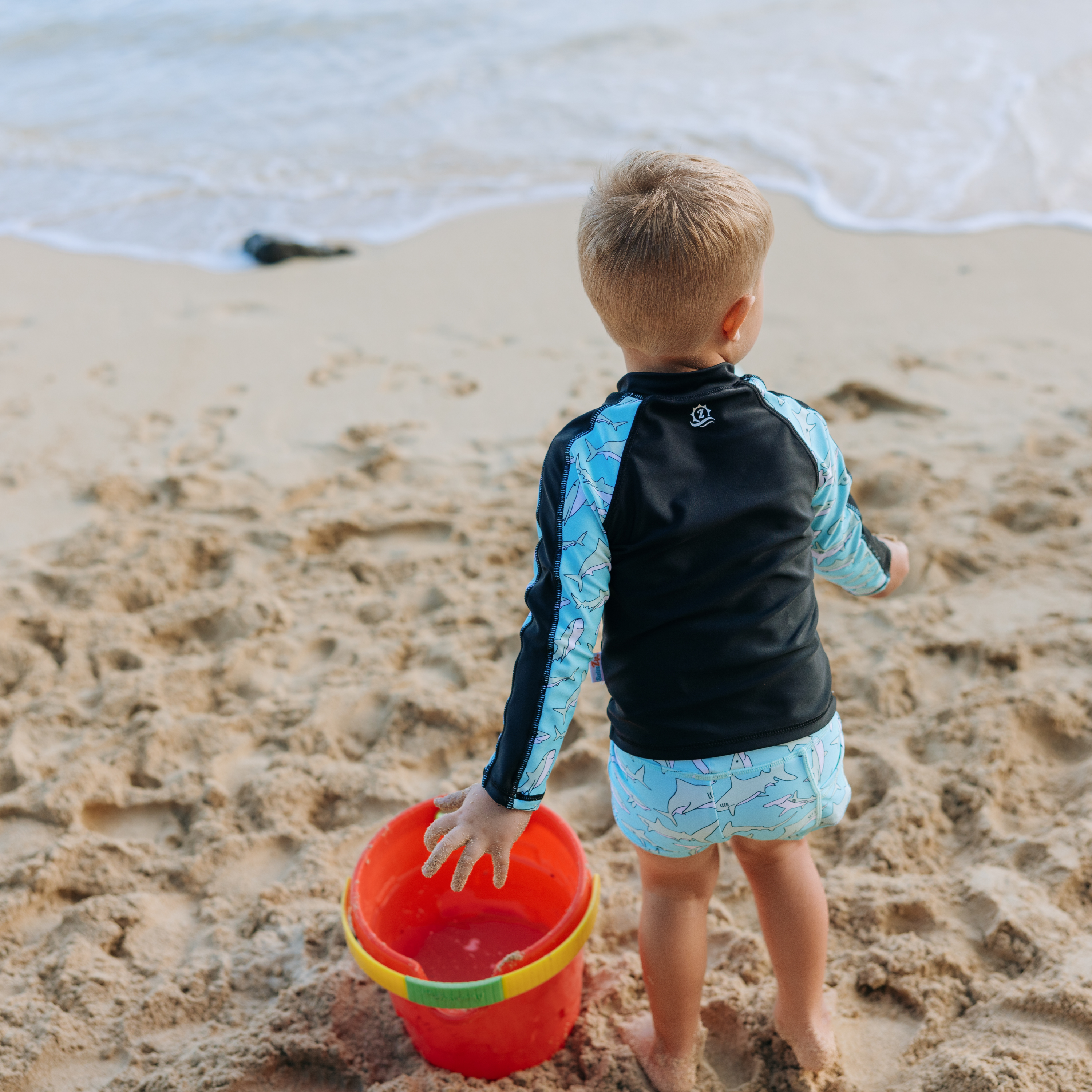Kids Euro Shorties + Long Sleeve Rash Guard Set | "Deep Blue Sharks"-SwimZip UPF 50+ Sun Protective Swimwear & UV Zipper Rash Guards-pos3