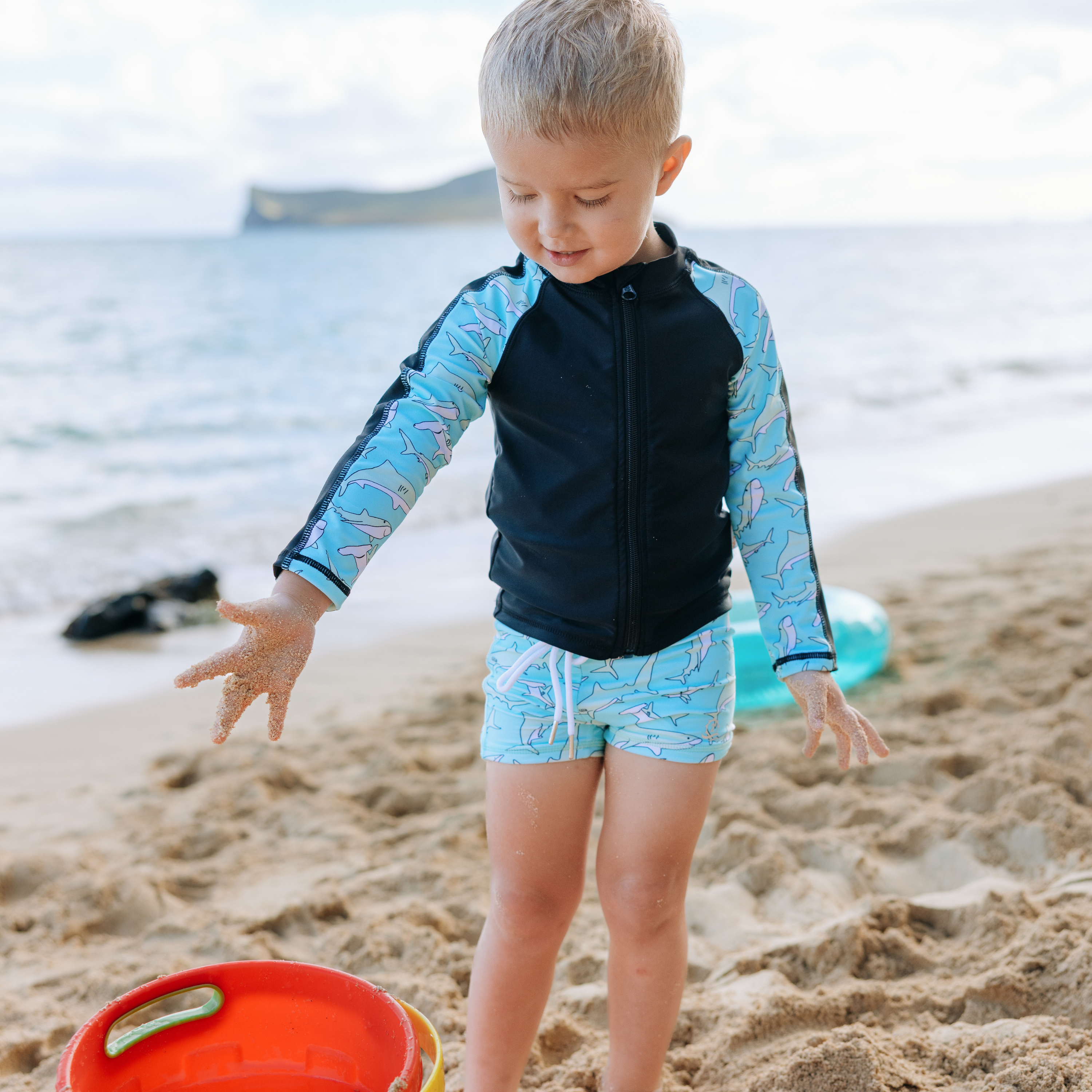 Kids Euro Shorties + Long Sleeve Rash Guard Set | "Deep Blue Sharks"-SwimZip UPF 50+ Sun Protective Swimwear & UV Zipper Rash Guards-pos7