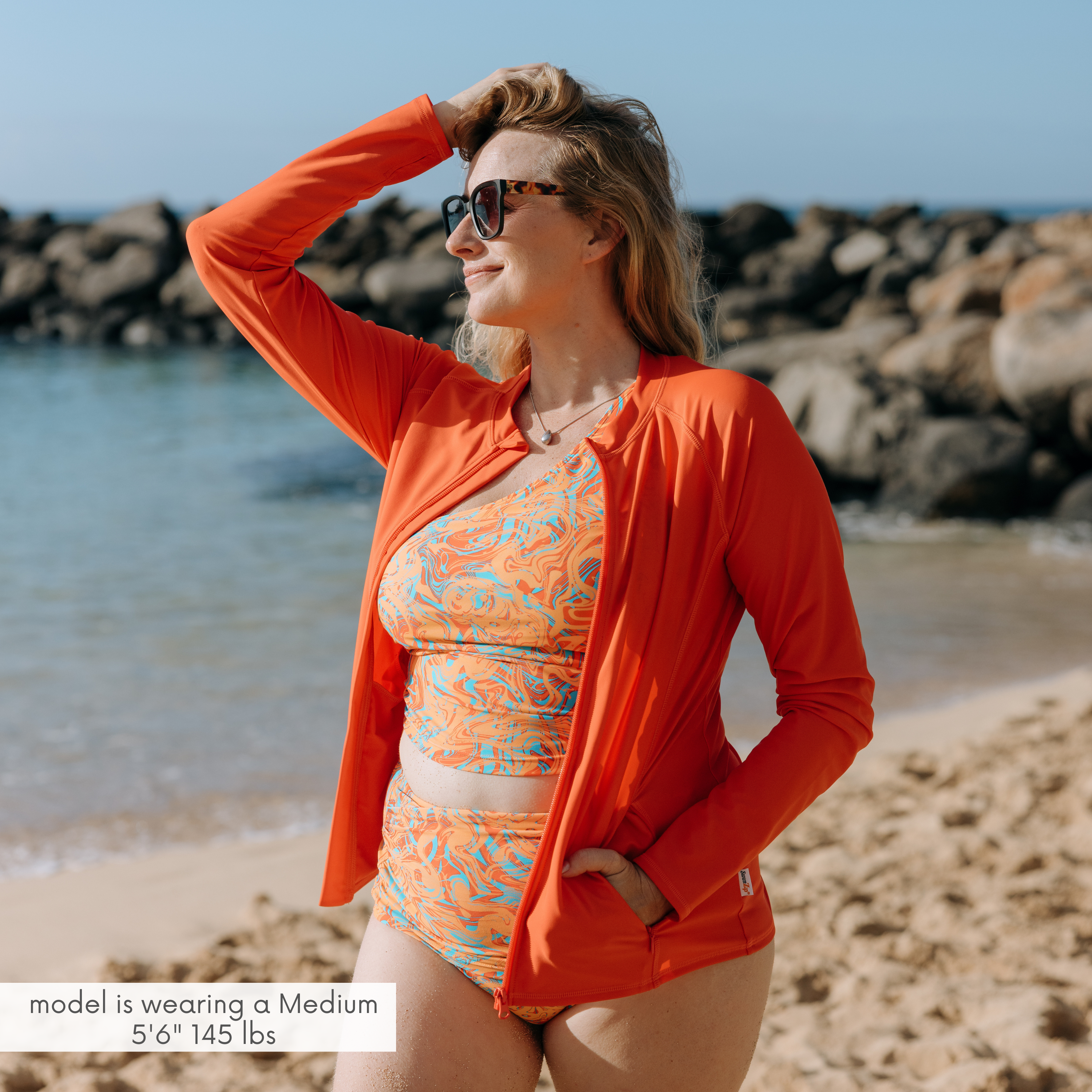Women's Long Sleeve Rash Guard with Pockets | "Fiesta Red"-SwimZip UPF 50+ Sun Protective Swimwear & UV Zipper Rash Guards-pos2