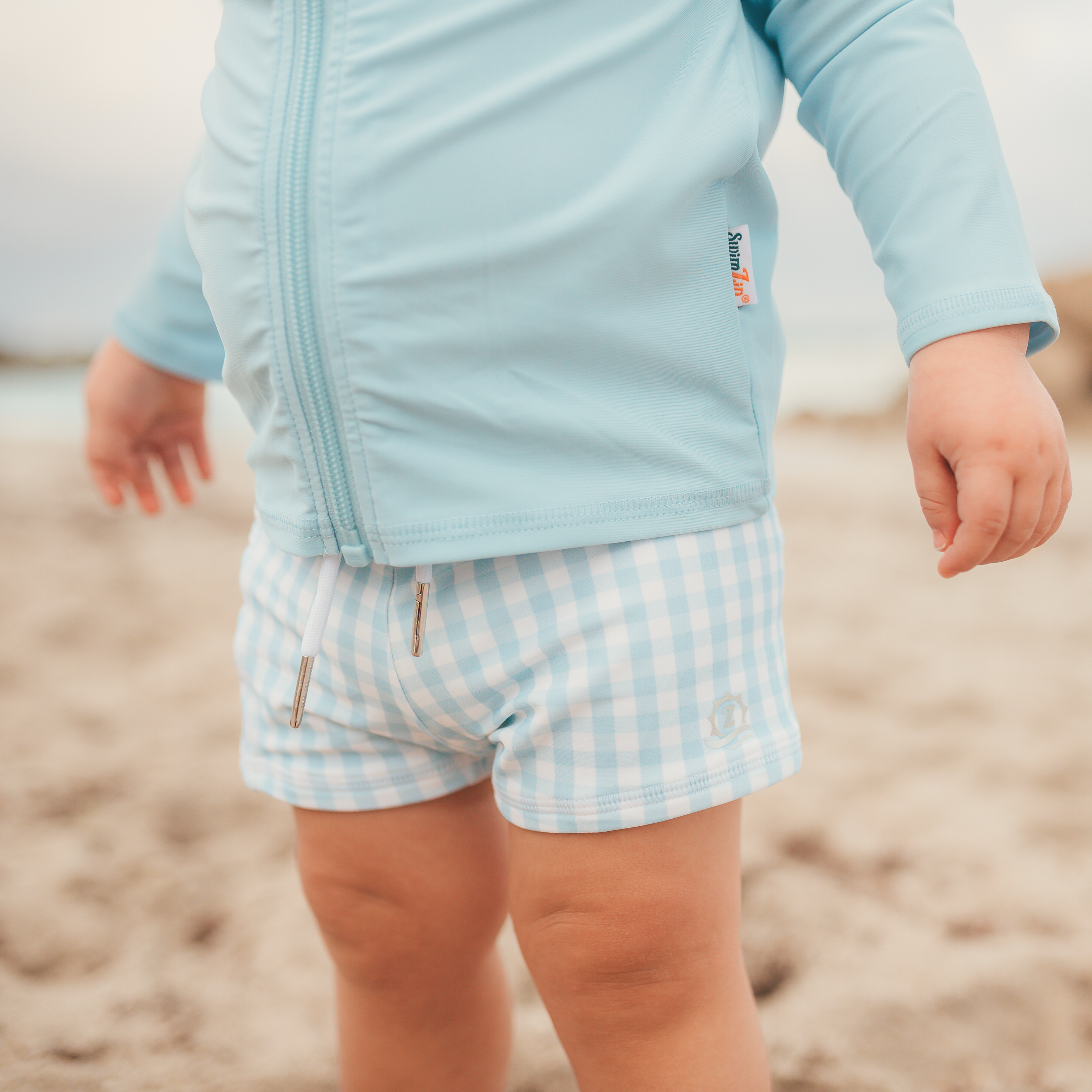 Kids Euro Swim Shorties | "Blue Gingham"-SwimZip UPF 50+ Sun Protective Swimwear & UV Zipper Rash Guards-pos3