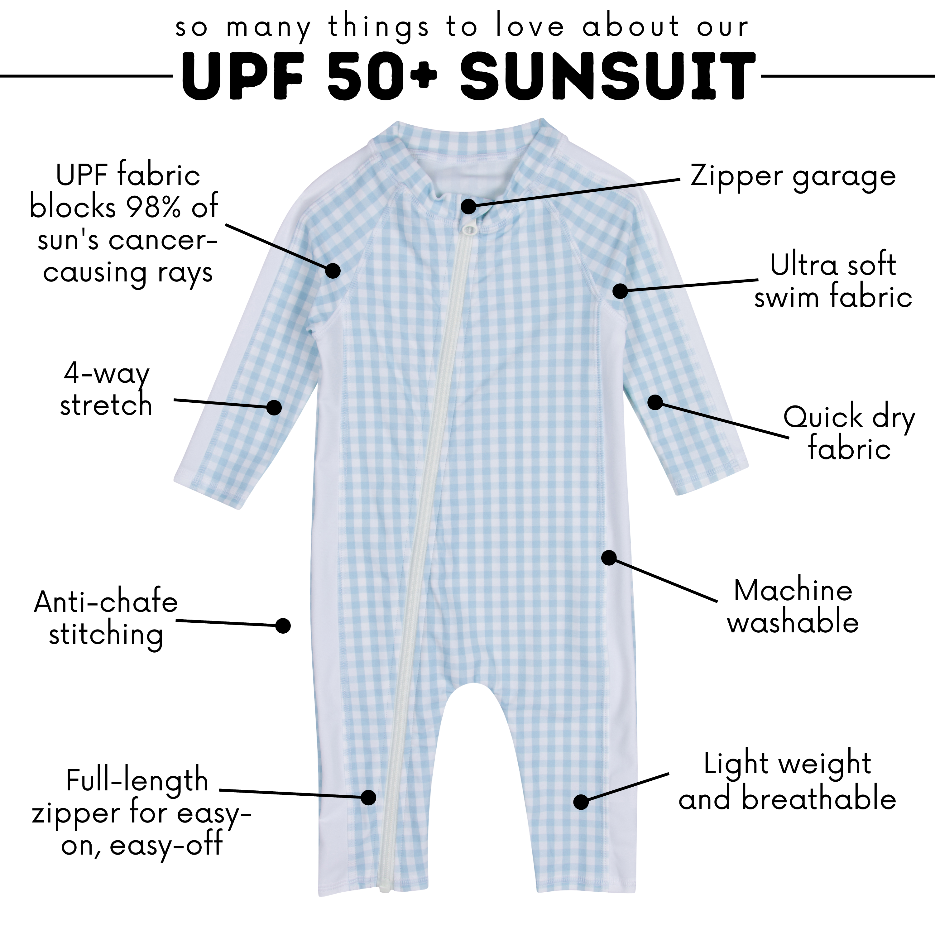 Sunsuit - Long Sleeve Romper Swimsuit | "Blue Gingham"-SwimZip UPF 50+ Sun Protective Swimwear & UV Zipper Rash Guards-pos8