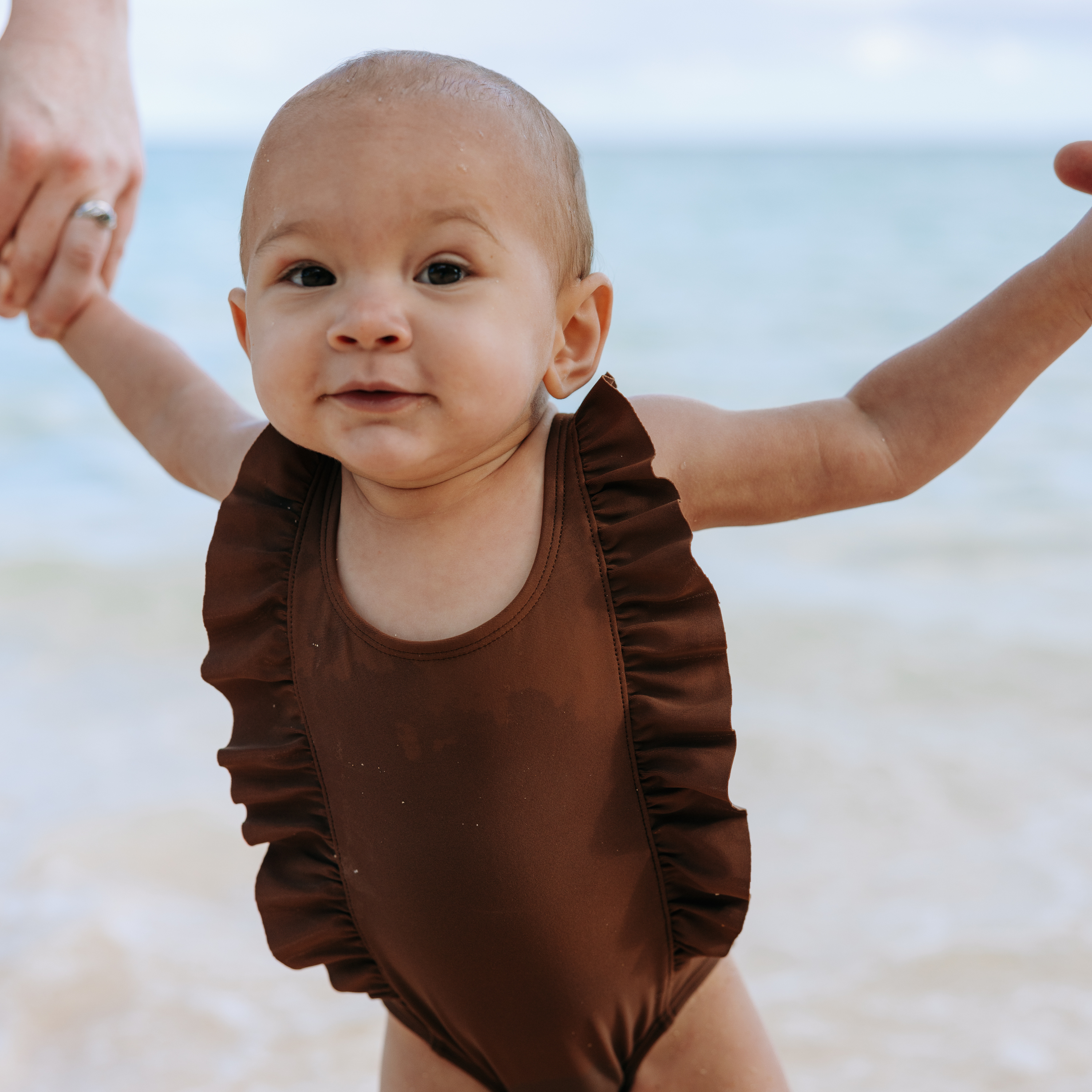 Girls Ruffle One-Piece Swimsuit | "Too Sweet" Cold Brew-SwimZip UPF 50+ Sun Protective Swimwear & UV Zipper Rash Guards-pos14