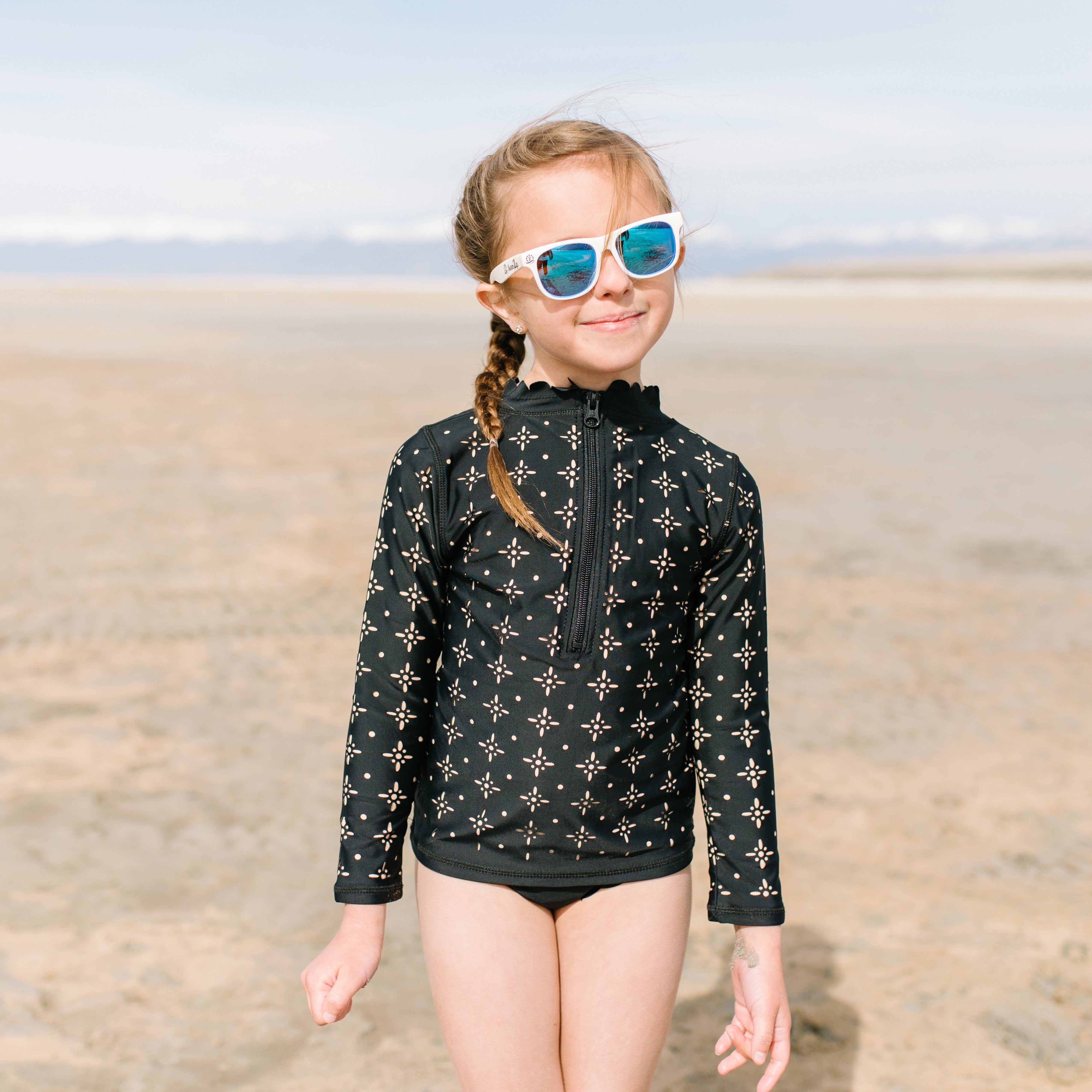 Girls Long Sleeve Rash Guard Scallop Neck + Swim Bottoms Set - “Black”-SwimZip UPF 50+ Sun Protective Swimwear & UV Zipper Rash Guards-pos3