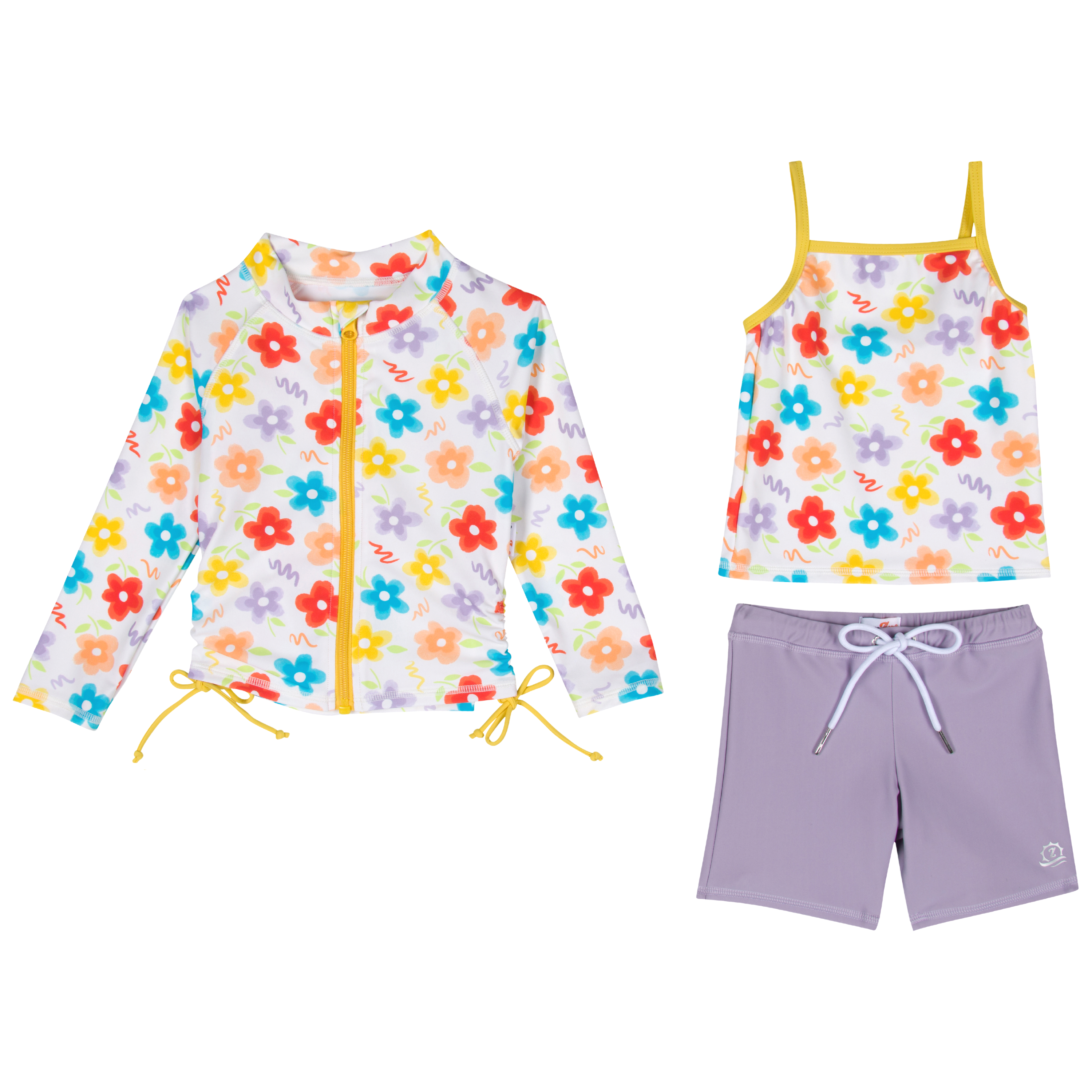 Girls Long Sleeve Rash Guard + Tankini Shorts Set (3 Piece) | "Blossom"-2T-Blossom-SwimZip UPF 50+ Sun Protective Swimwear & UV Zipper Rash Guards-pos1