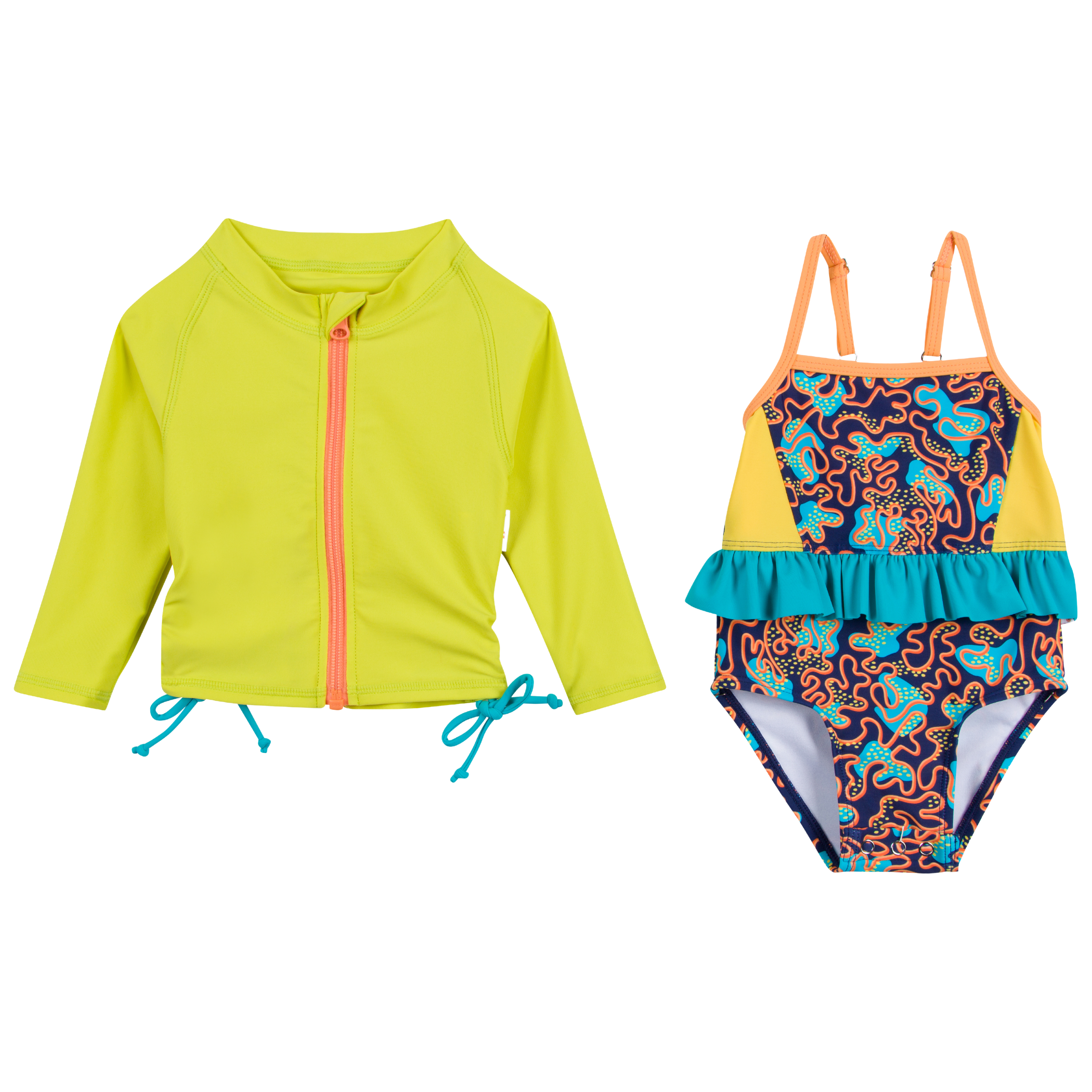 Girls One-Piece Swimsuit + Long Sleeve Rash Guard Set (2 Piece) | "Deep Dive"-6-12 Month-Deep Dive-SwimZip UPF 50+ Sun Protective Swimwear & UV Zipper Rash Guards-pos1