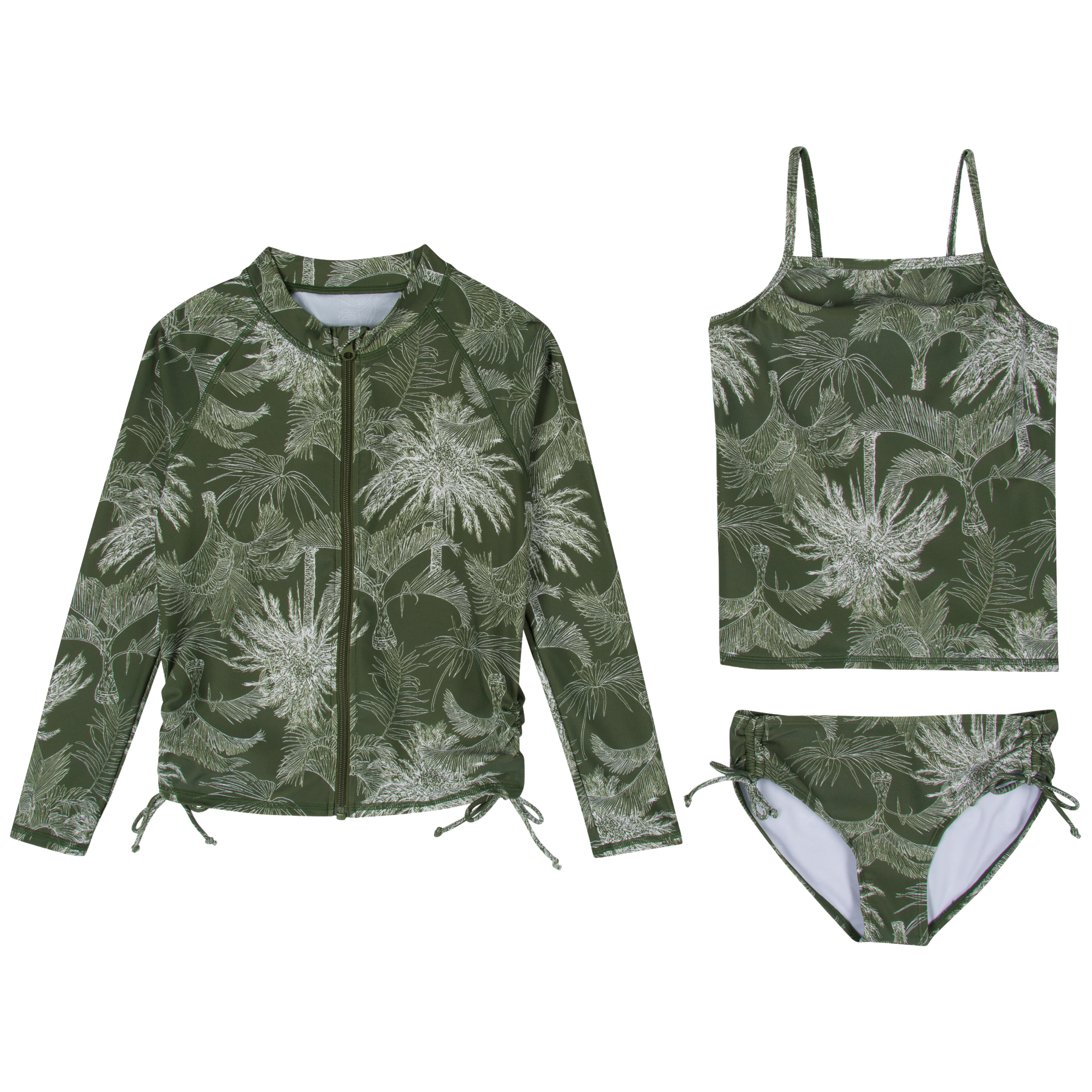 Girls Long Sleeve Rash Guard + Tankini Bikini Set (3 Piece) | "Hawaiian Rainforest"-6-8-Hawaiian Rainforest-SwimZip UPF 50+ Sun Protective Swimwear & UV Zipper Rash Guards-pos1