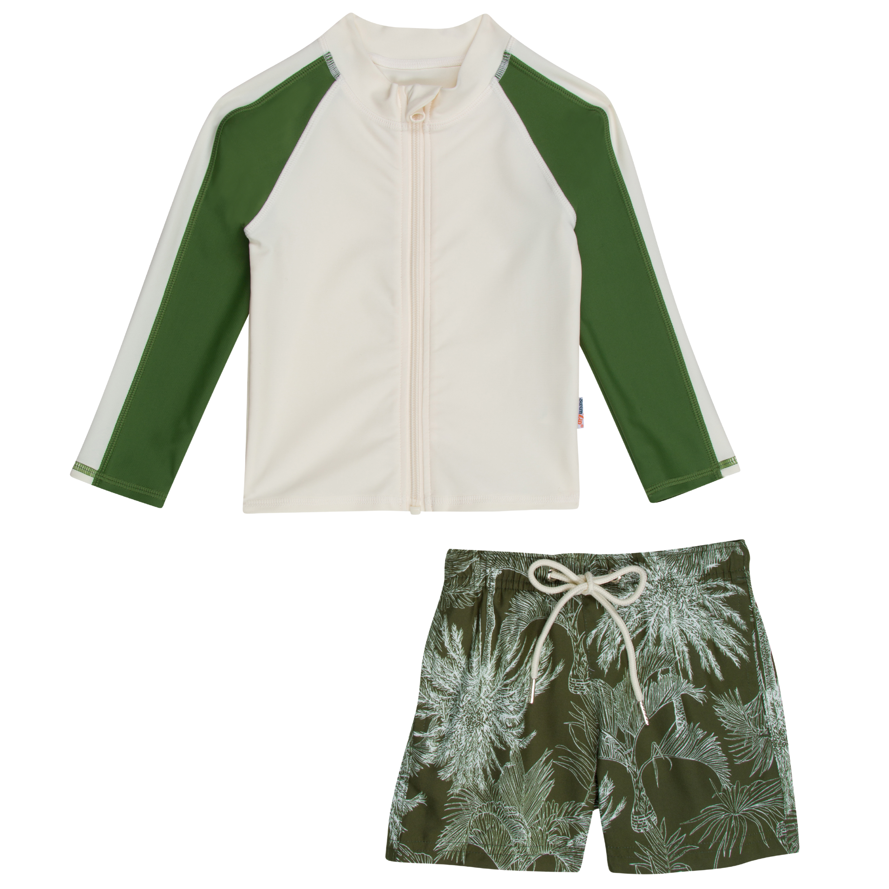 Boys Long Sleeve Zipper Rash Guard and Swim Trunk Set | "Hawaiian Rainforest"-6-12 Month-Hawaiian Rainforest-SwimZip UPF 50+ Sun Protective Swimwear & UV Zipper Rash Guards-pos1