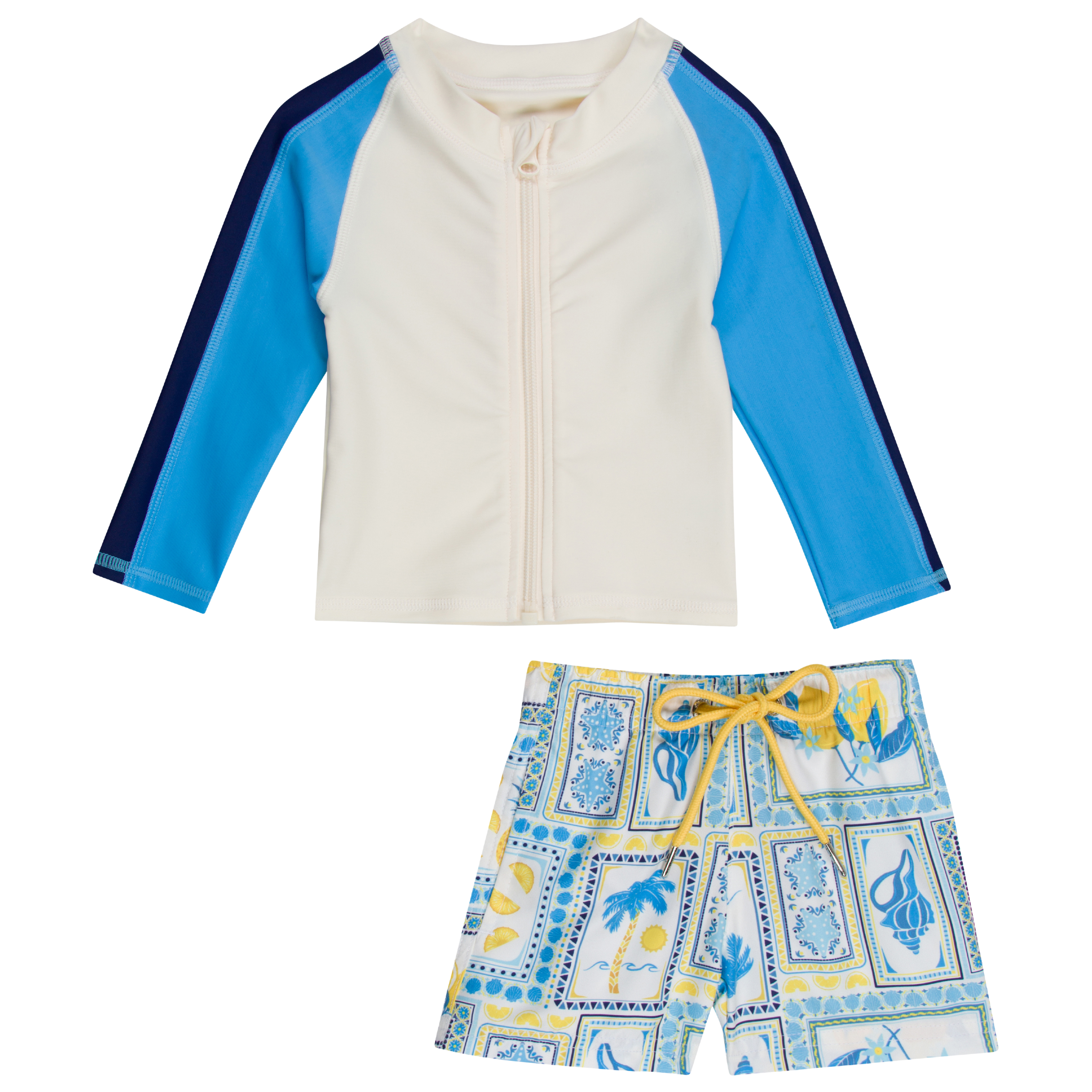 Boys Long Sleeve Zipper Rash Guard and Swim Trunk Set | "Mediterranean Lemons"-6-12 Month-Mediterranean Lemons-SwimZip UPF 50+ Sun Protective Swimwear & UV Zipper Rash Guards-pos1