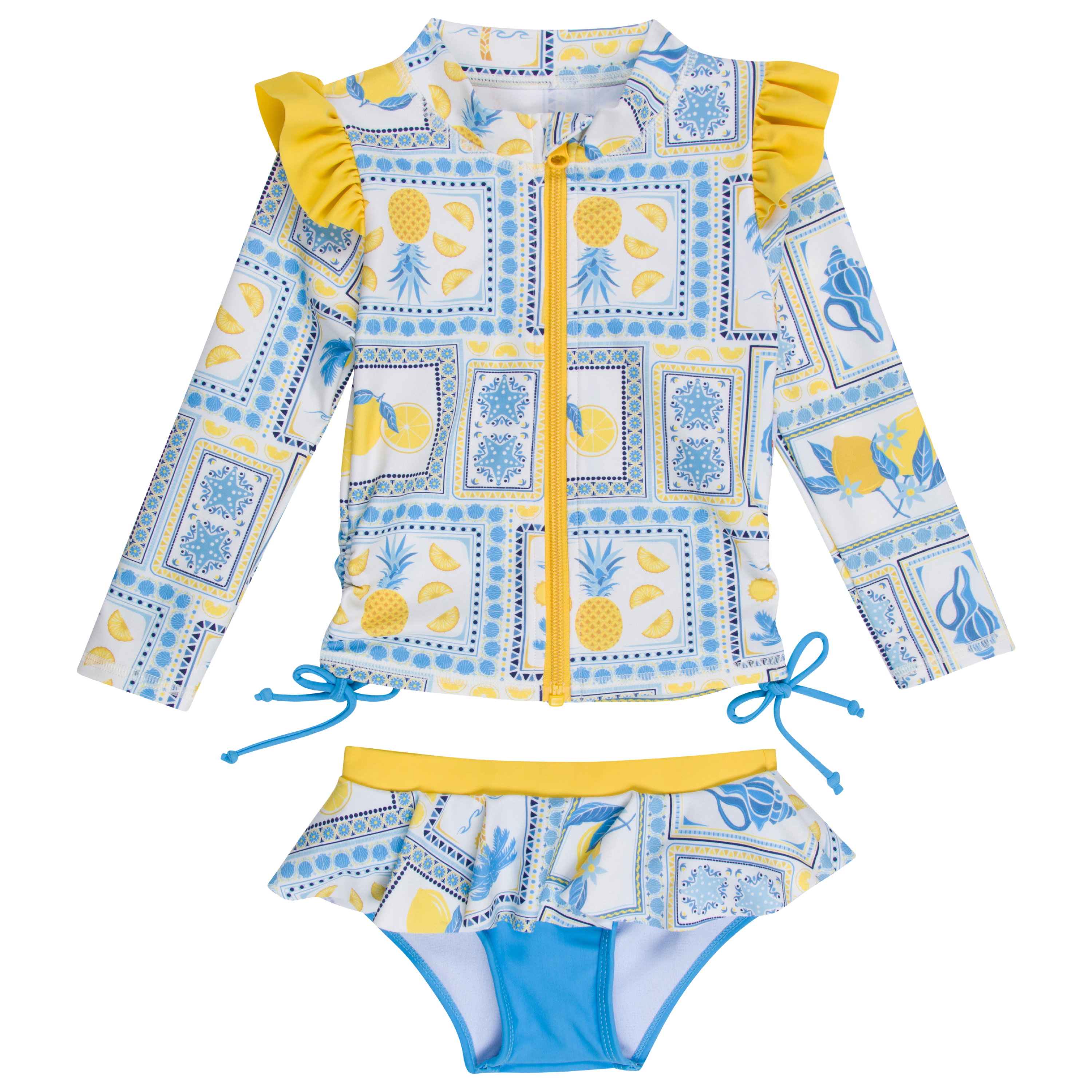 Girls Long Sleeve Rash Guard Ruffle Bottom Swimsuit Set (2 Piece) | "Mediterranean Lemons"-6-12 Month-Mediterranean Lemons-SwimZip UPF 50+ Sun Protective Swimwear & UV Zipper Rash Guards-pos1