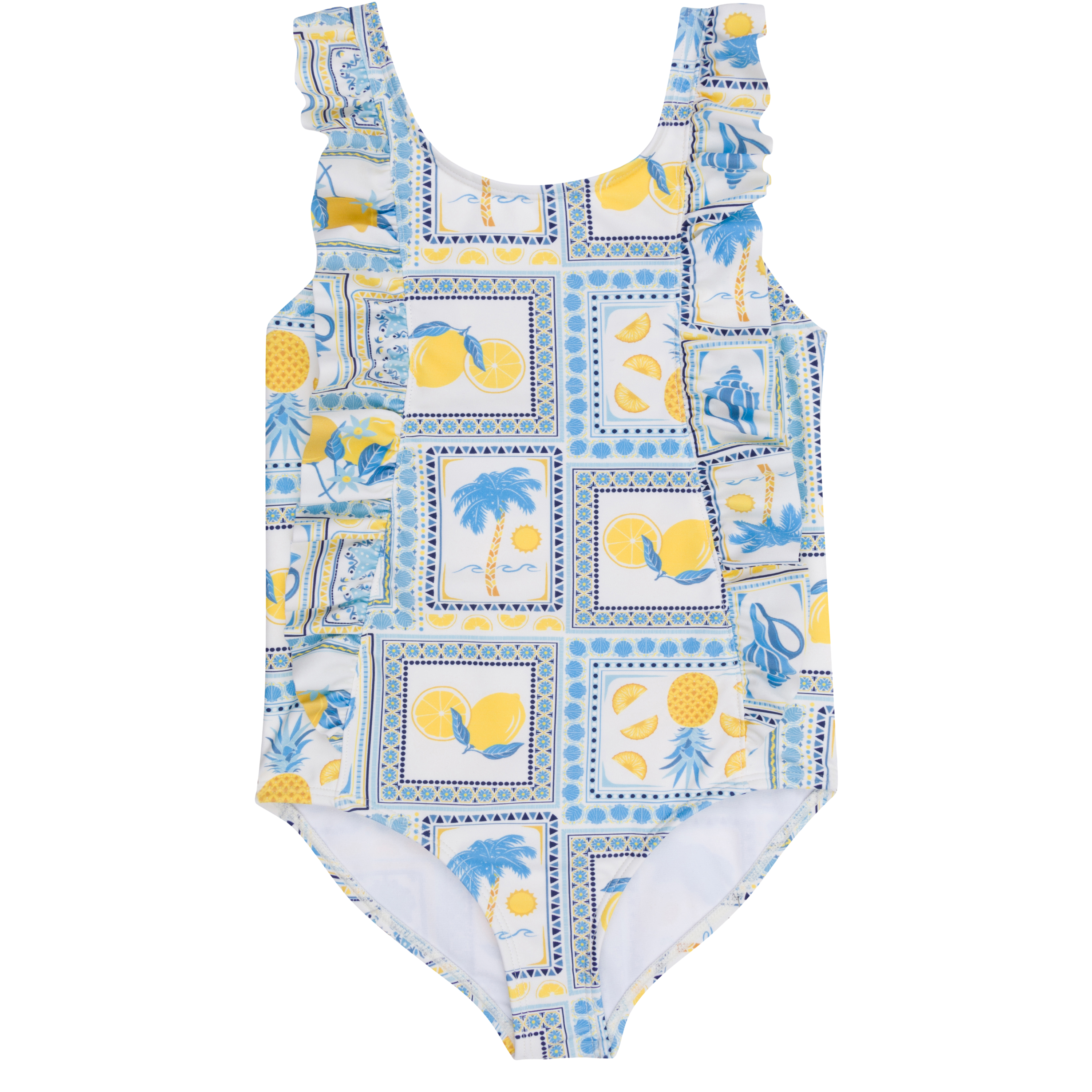 Girls Ruffle One-Piece Swimsuit | "Too Sweet" Mediterranean Lemons-6-12 Month-Mediterranean Lemons-SwimZip UPF 50+ Sun Protective Swimwear & UV Zipper Rash Guards-pos1