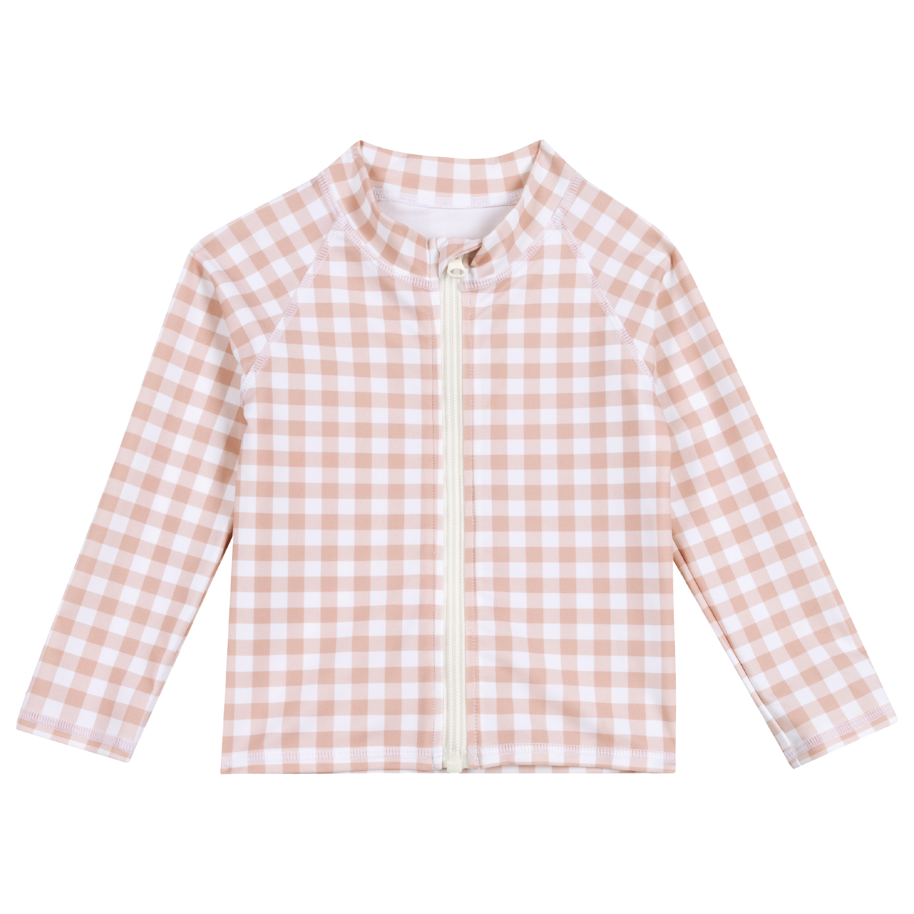Kids UPF 50+ Long Sleeve Zipper Rash Guard Swim Shirt | "Pink Gingham"-6-12 Month-Pink Gingham-SwimZip UPF 50+ Sun Protective Swimwear & UV Zipper Rash Guards-pos1