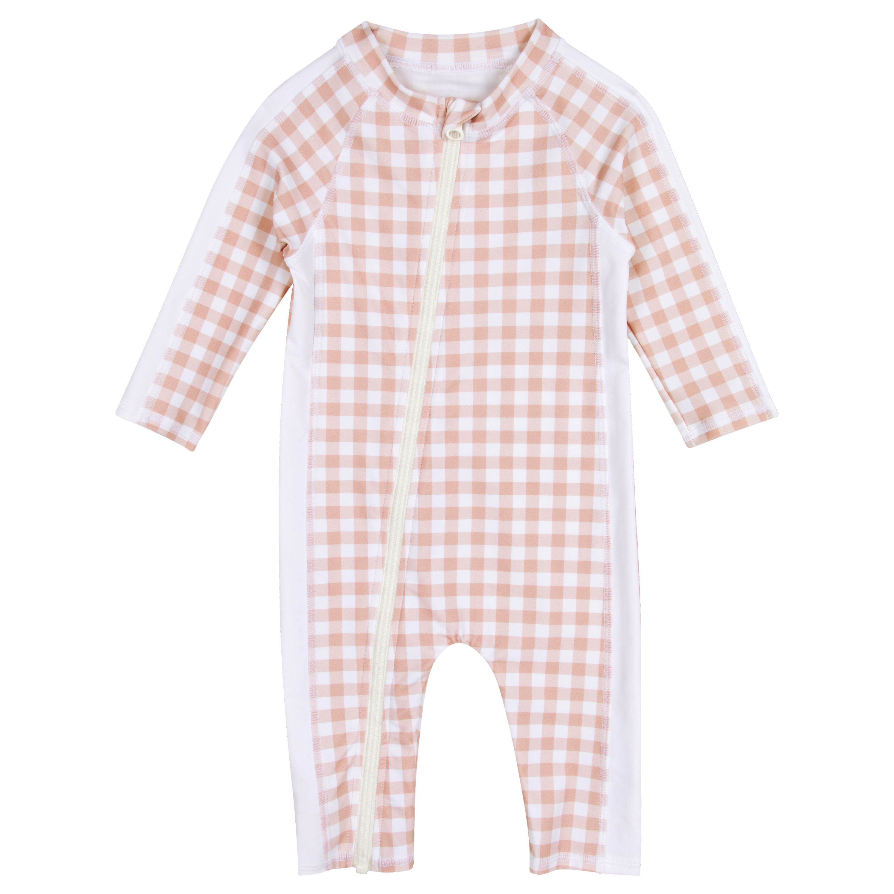 Sunsuit - Long Sleeve Romper Swimsuit | "Pink Gingham"-0-6 Month-Pink Gingham-SwimZip UPF 50+ Sun Protective Swimwear & UV Zipper Rash Guards-pos1