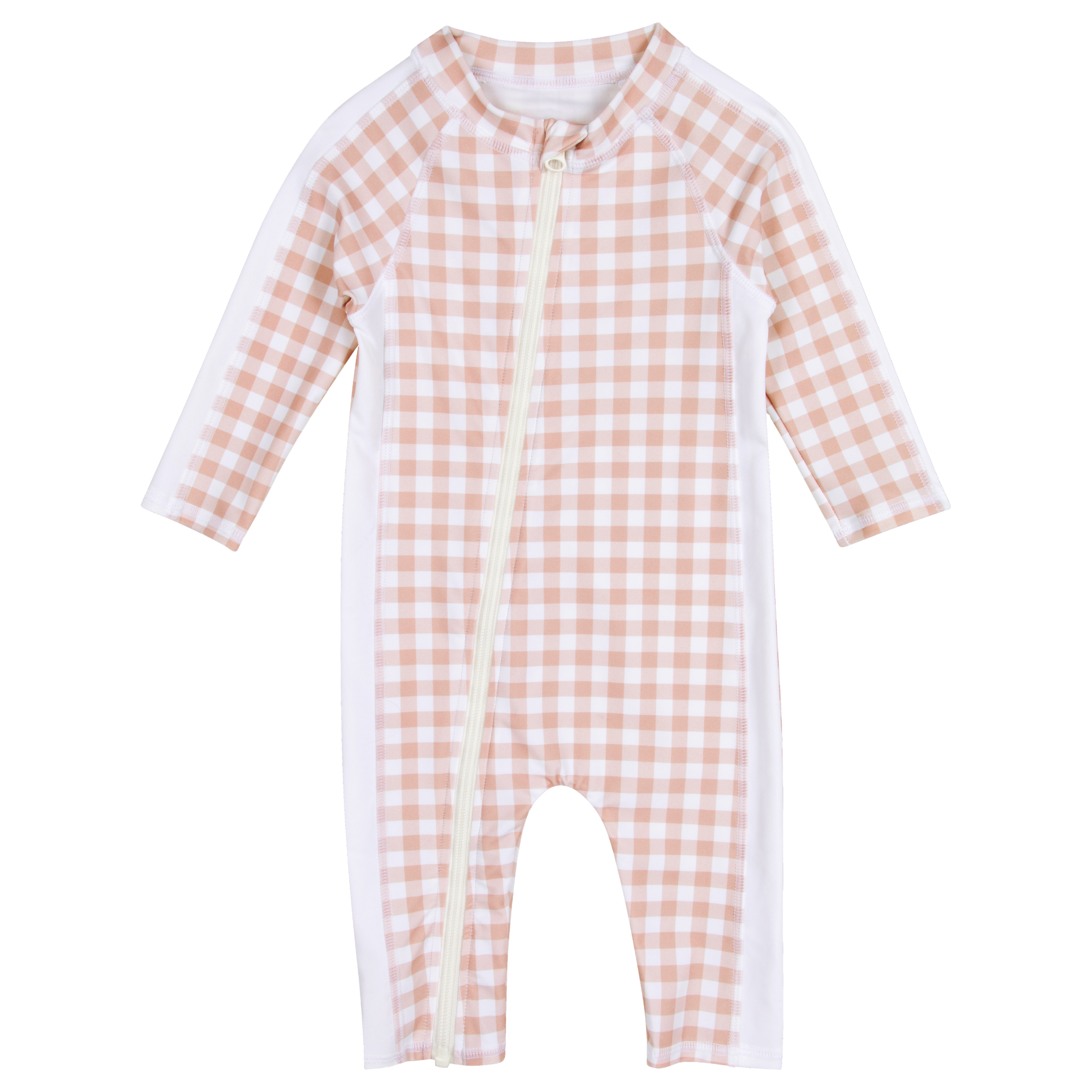 Sunsuit - Long Sleeve Romper Swimsuit | "Pink Gingham"-SwimZip UPF 50+ Sun Protective Swimwear & UV Zipper Rash Guards-pos1