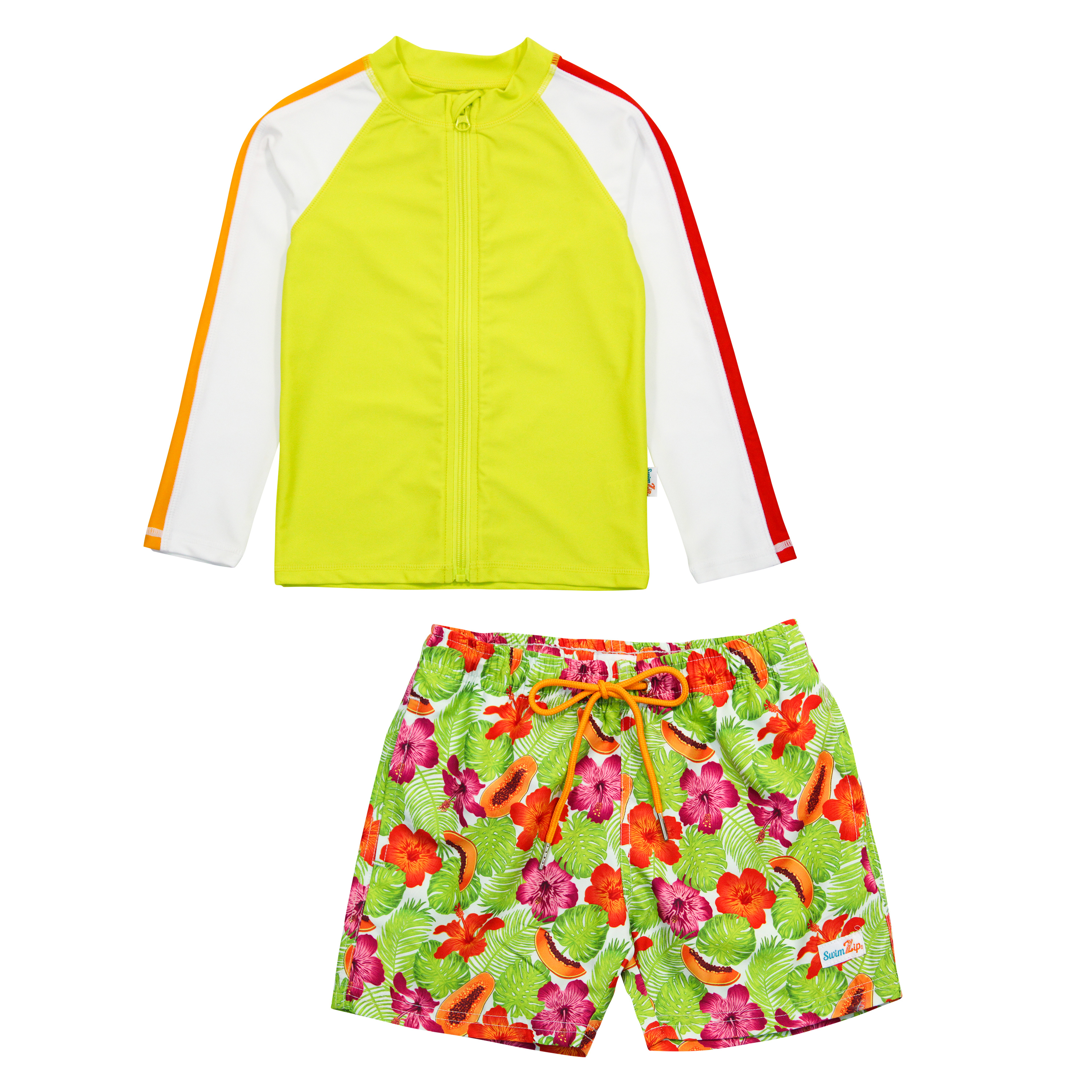 Boys Long Sleeve Zipper Rash Guard and Swim Trunk Set | "Hibiscus"-6-12 Month-Hibiscus-SwimZip UPF 50+ Sun Protective Swimwear & UV Zipper Rash Guards-pos1