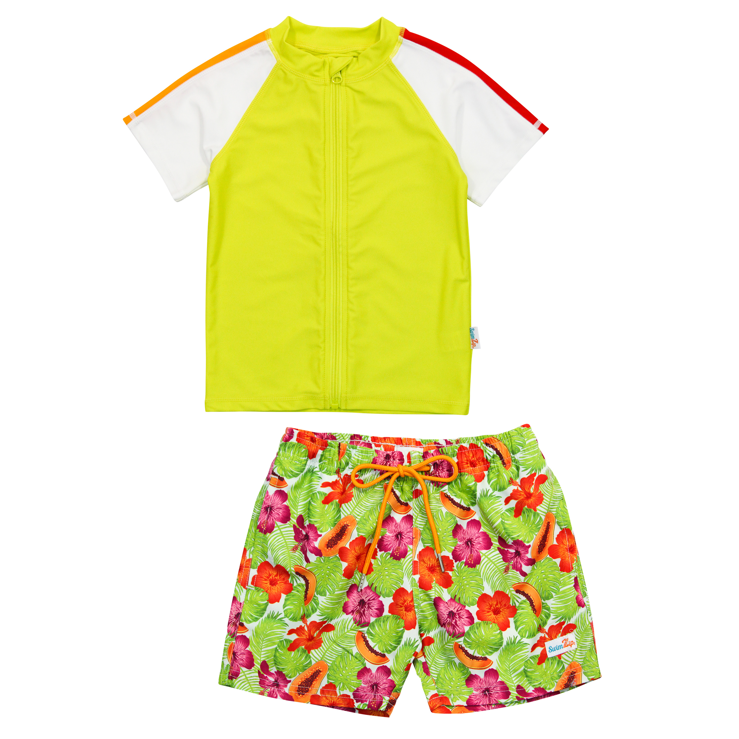 Boys Short Sleeve Zipper Rash Guard and Swim Trunk Set | "Hibiscus"-6-12 Month-Hibiscus-SwimZip UPF 50+ Sun Protective Swimwear & UV Zipper Rash Guards-pos1