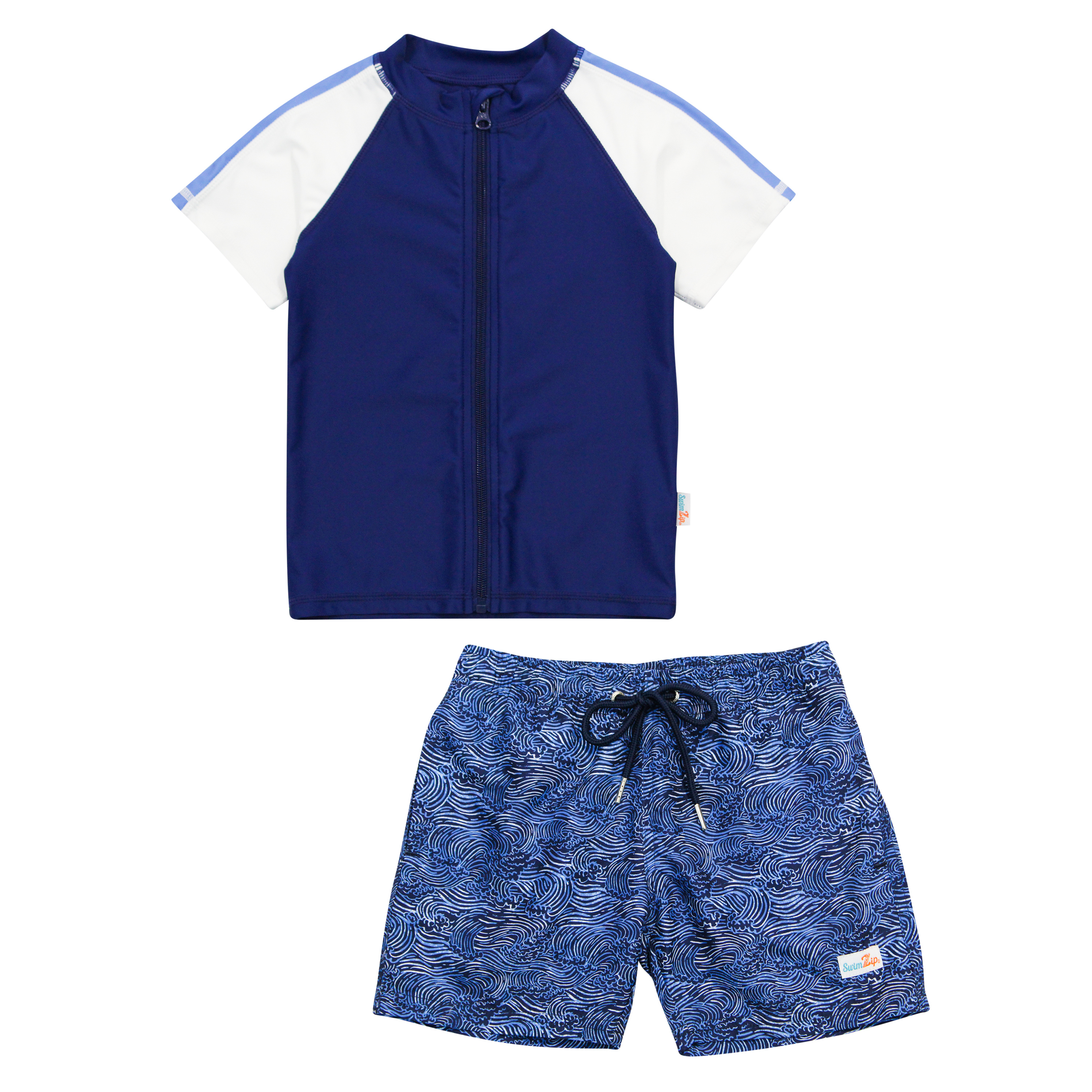 Boys Short Sleeve Zipper Rash Guard and Swim Trunk Set | "Ocean Breeze"-6-12 Month-Ocean Breeze-SwimZip UPF 50+ Sun Protective Swimwear & UV Zipper Rash Guards-pos1