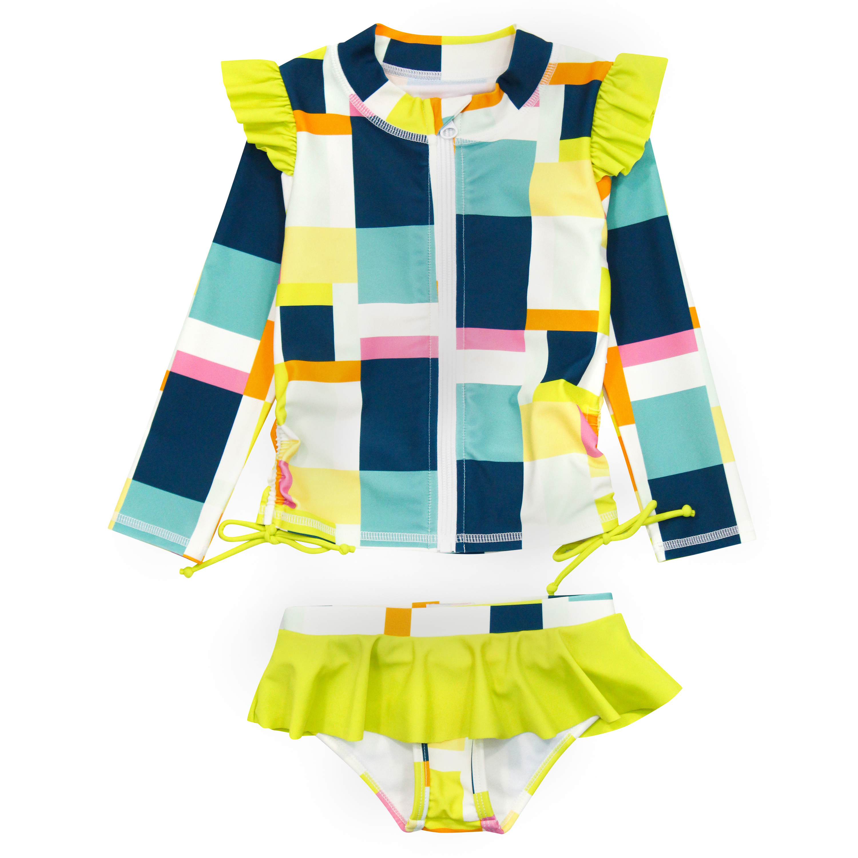 Girls Long Sleeve Rash Guard Ruffle Bottom Swimsuit Set (2 Piece) | "Check It Out"-6-12 Month-Check It Out-SwimZip UPF 50+ Sun Protective Swimwear & UV Zipper Rash Guards-pos1