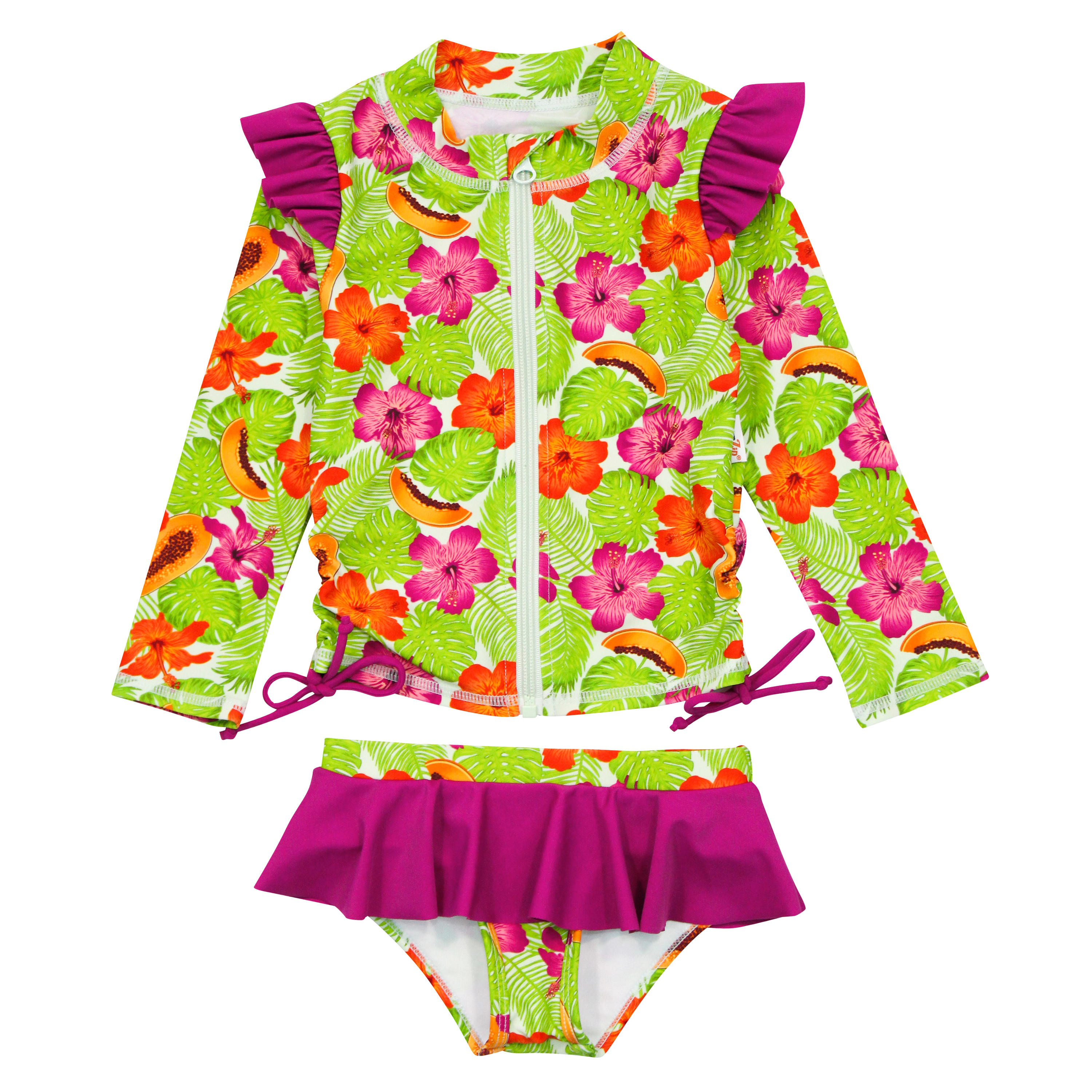 Girls Long Sleeve Rash Guard Ruffle Bottom Swimsuit Set (2 Piece) | "Hibiscus"-SwimZip UPF 50+ Sun Protective Swimwear & UV Zipper Rash Guards-pos1