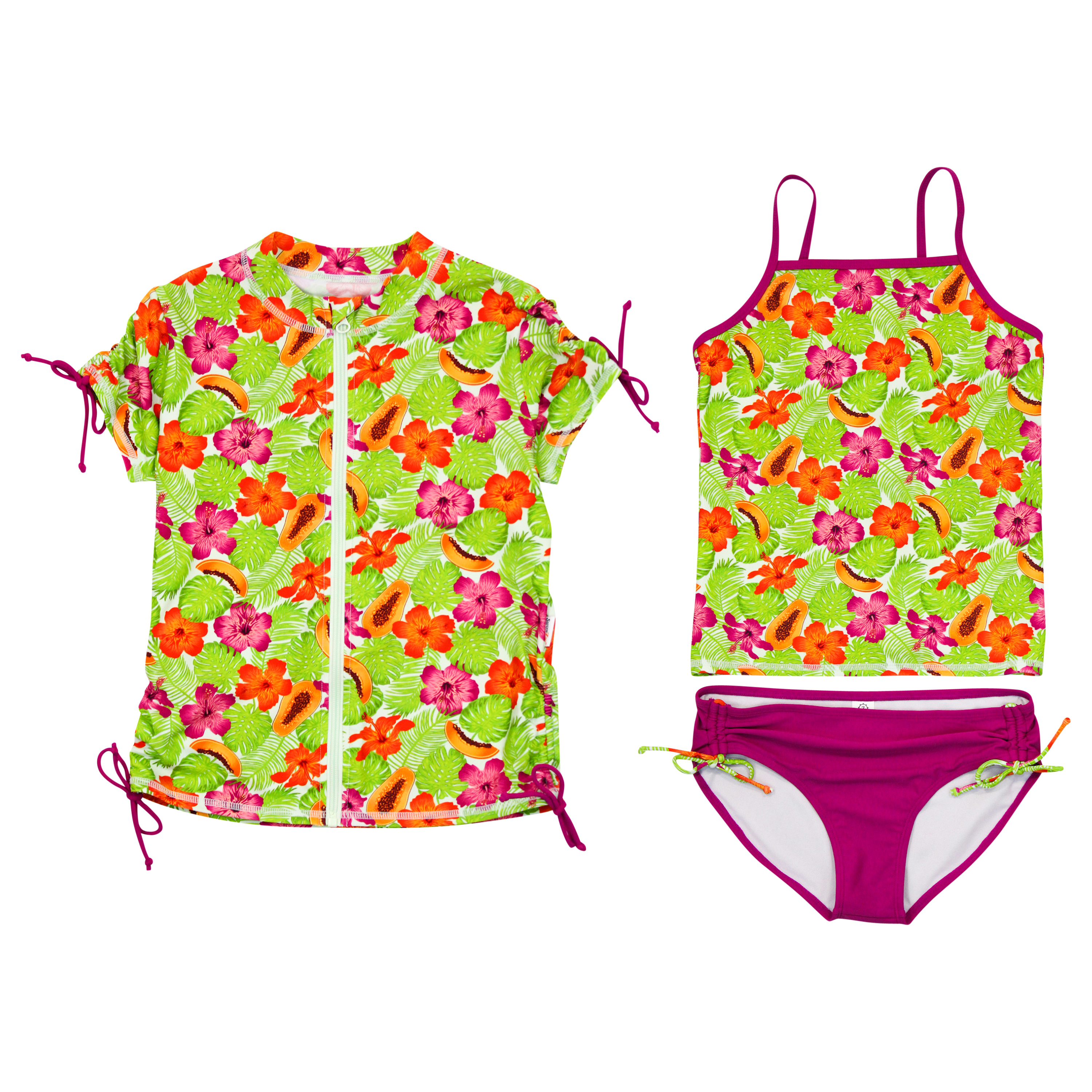 Girls Short Sleeve Rash Guard + Tankini Bikini Set (3 Piece) | "Hibiscus”-SwimZip UPF 50+ Sun Protective Swimwear & UV Zipper Rash Guards-pos1