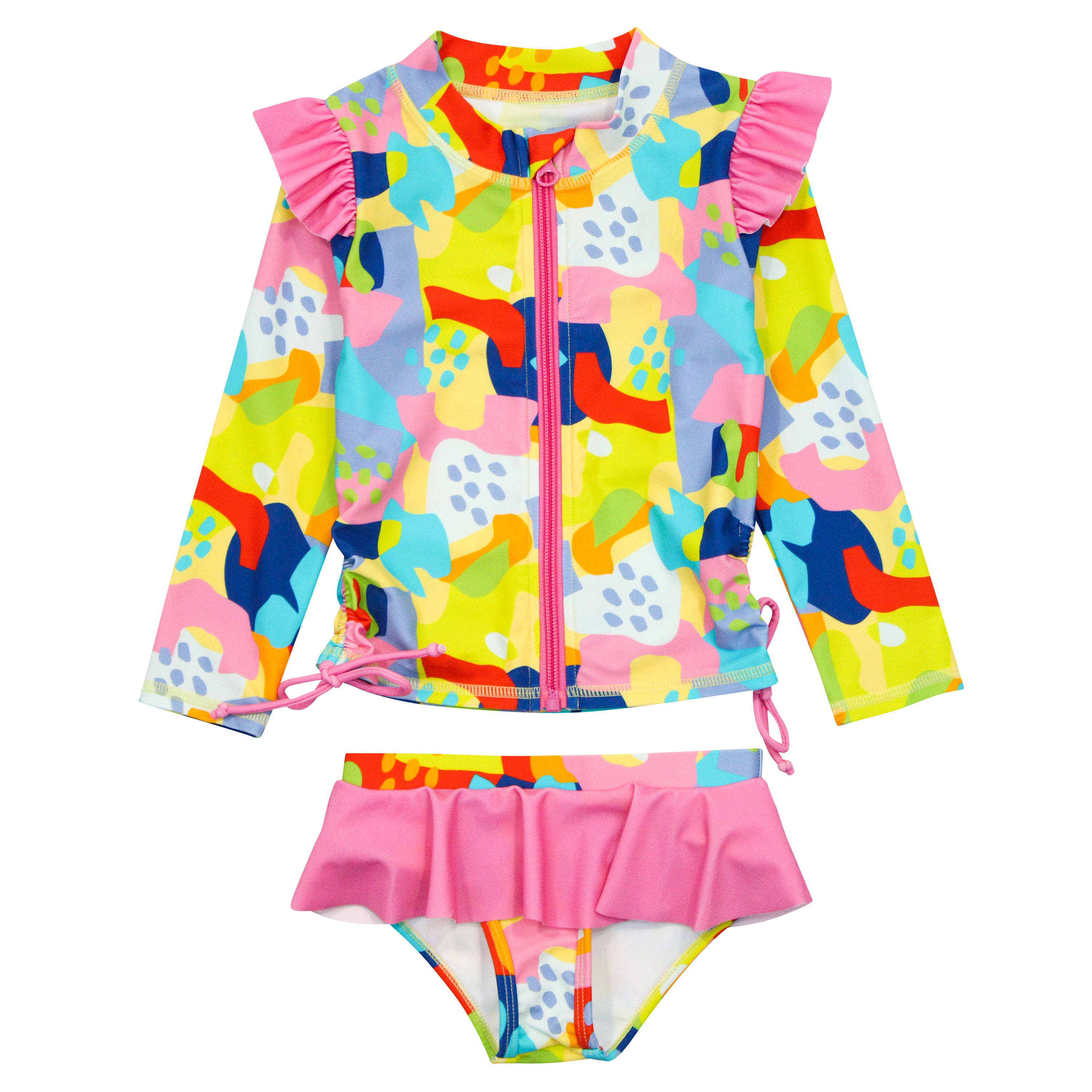 Girls Long Sleeve Rash Guard Ruffle Bottom Swimsuit Set (2 Piece) | "Joyful"-SwimZip UPF 50+ Sun Protective Swimwear & UV Zipper Rash Guards-pos1