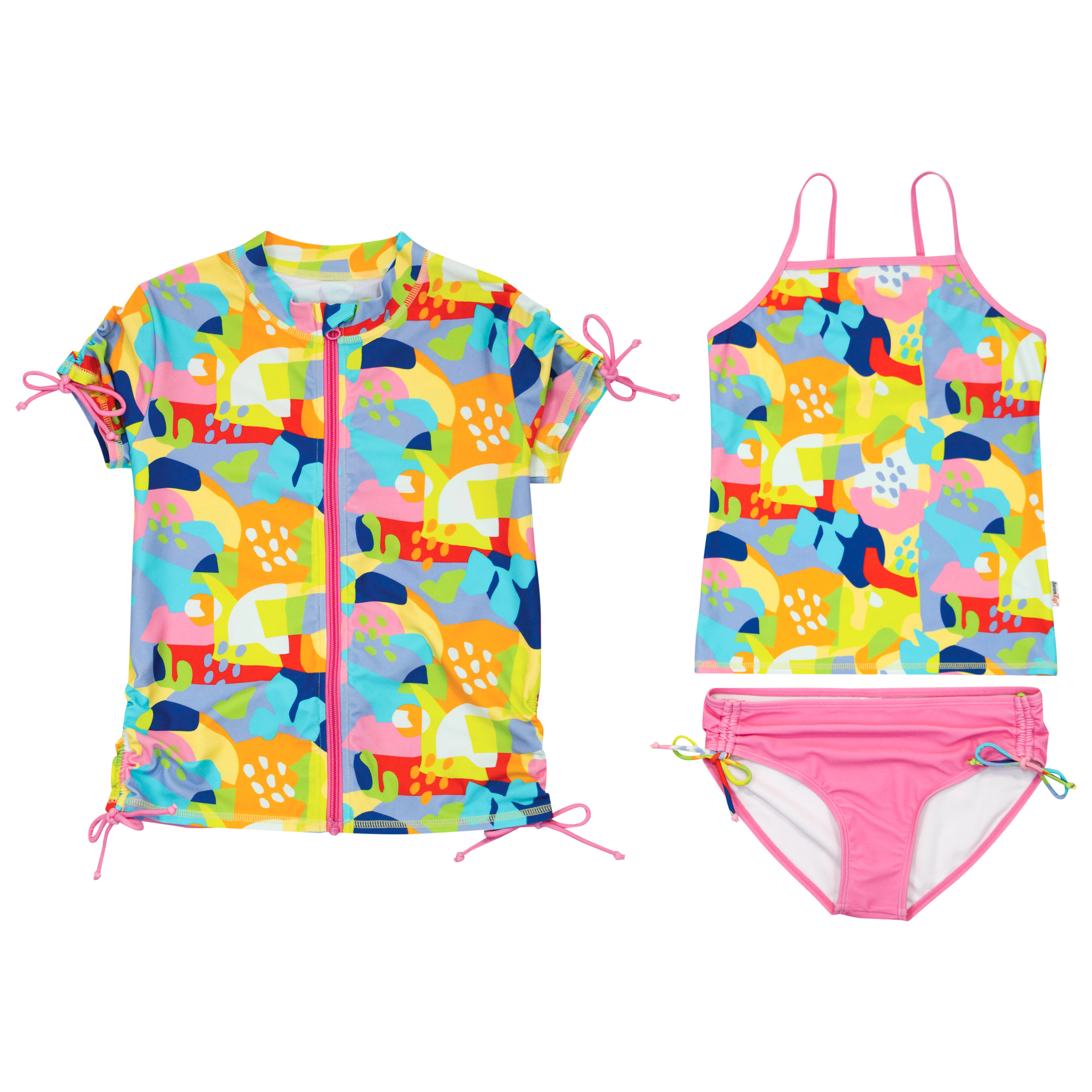 Girls Short Sleeve Rash Guard + Tankini Bikini Set (3 Piece) | "Joyful”-SwimZip UPF 50+ Sun Protective Swimwear & UV Zipper Rash Guards-pos1