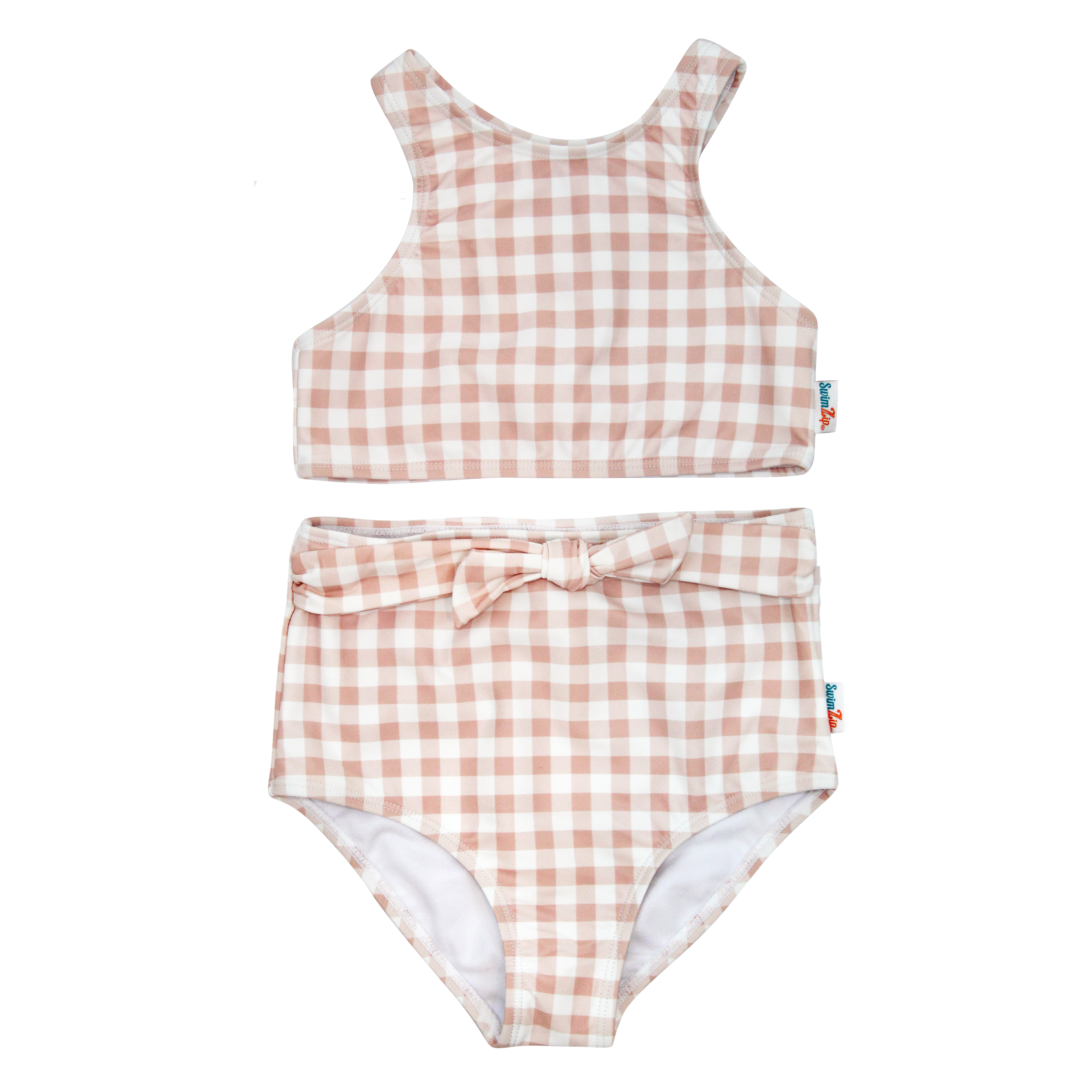 Girls Halter Top High-Waisted Set (2 Piece) | "Tied with a Bow" Pink Gingham-6-12 Month-Pink Gingham-SwimZip UPF 50+ Sun Protective Swimwear & UV Zipper Rash Guards-pos1