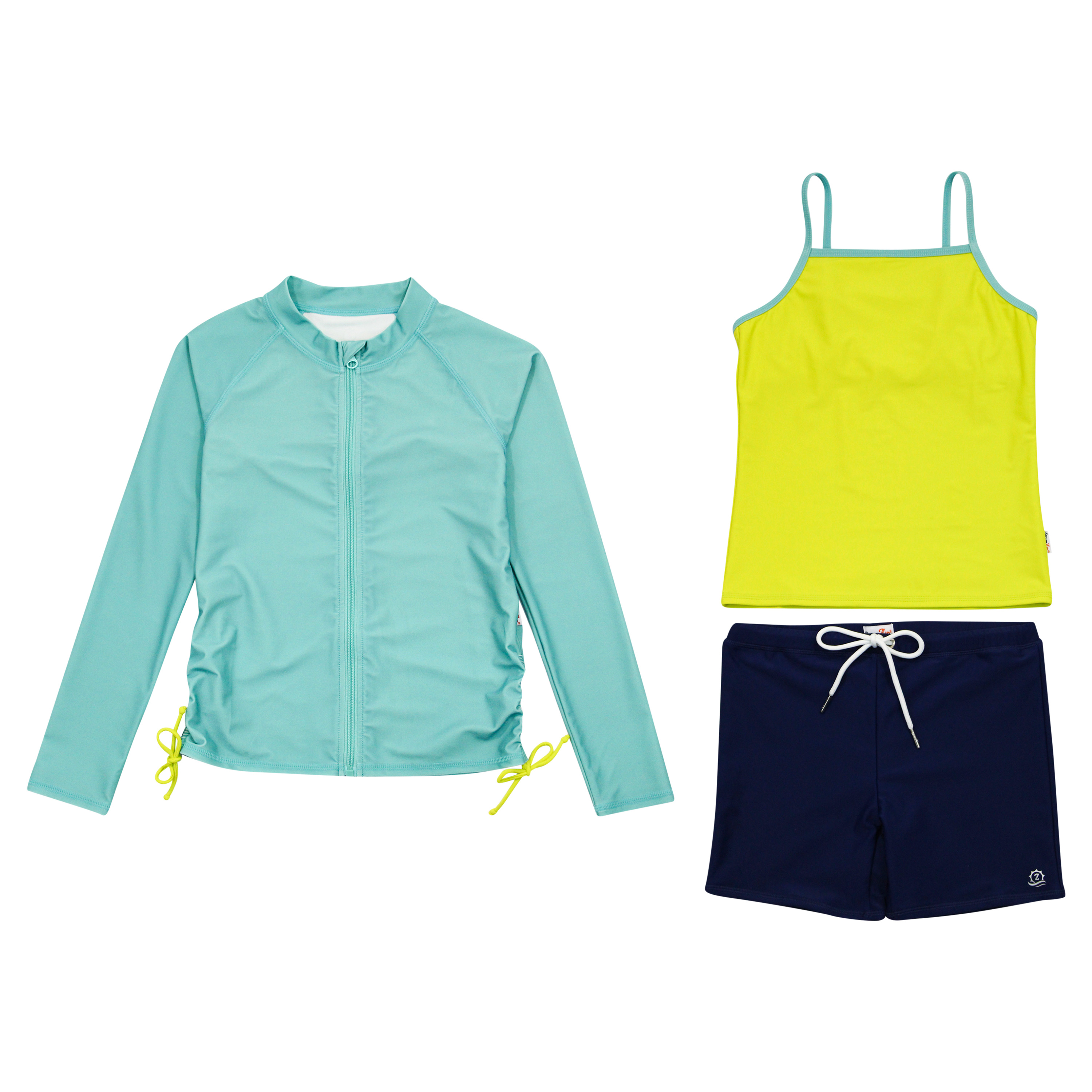 Girls Long Sleeve Rash Guard + Tankini Shorts Set (3 Piece) | "Aqua Sea"-4T-Aqua Sea-SwimZip UPF 50+ Sun Protective Swimwear & UV Zipper Rash Guards-pos1