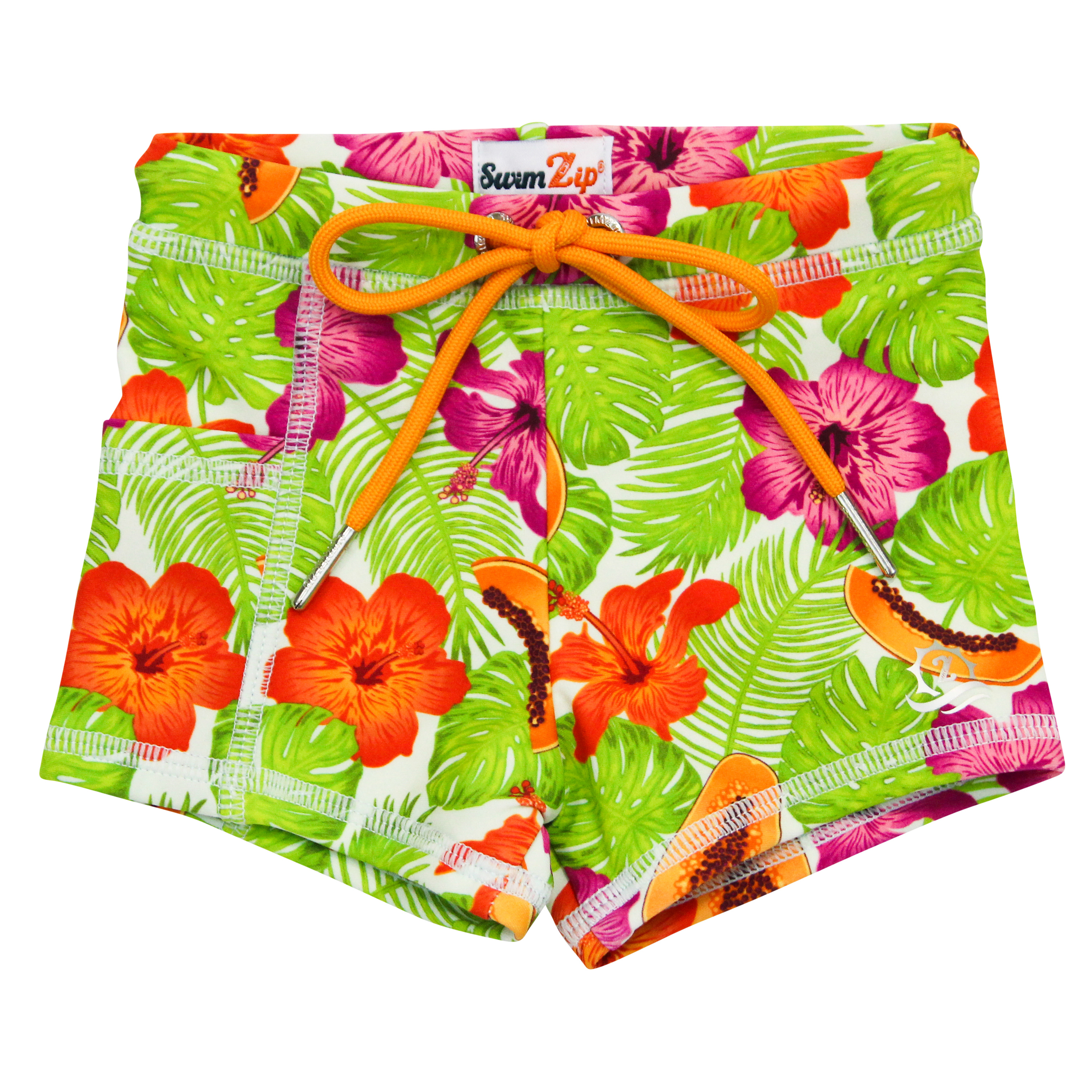 Kids Euro Swim Shorties | "Hibiscus"-6-12 Month-Hibiscus-SwimZip UPF 50+ Sun Protective Swimwear & UV Zipper Rash Guards-pos1