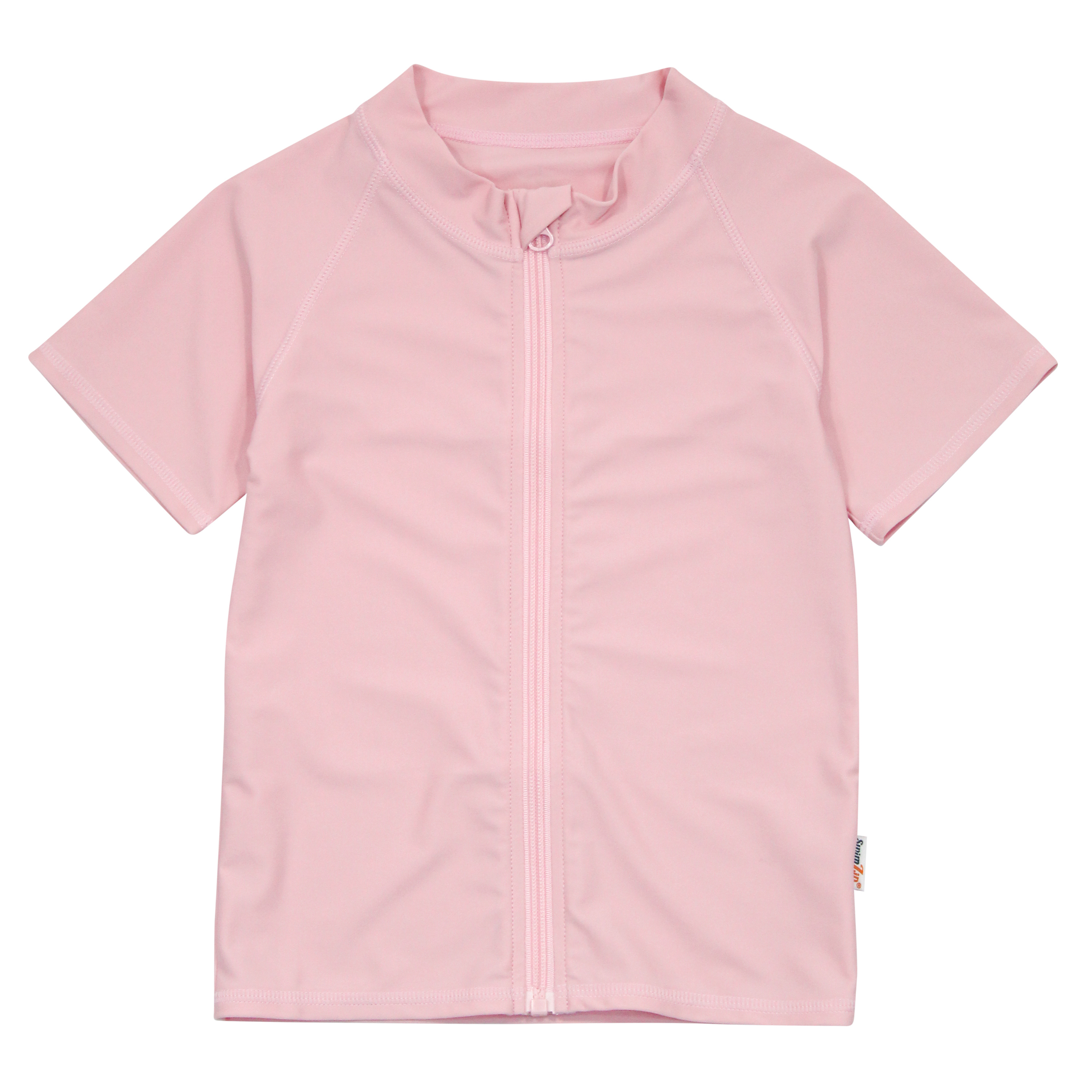 Kids Short Sleeve Zipper Rash Guard Swim Shirt | “Pink”-6-12 Month-Pink-SwimZip UPF 50+ Sun Protective Swimwear & UV Zipper Rash Guards-pos1