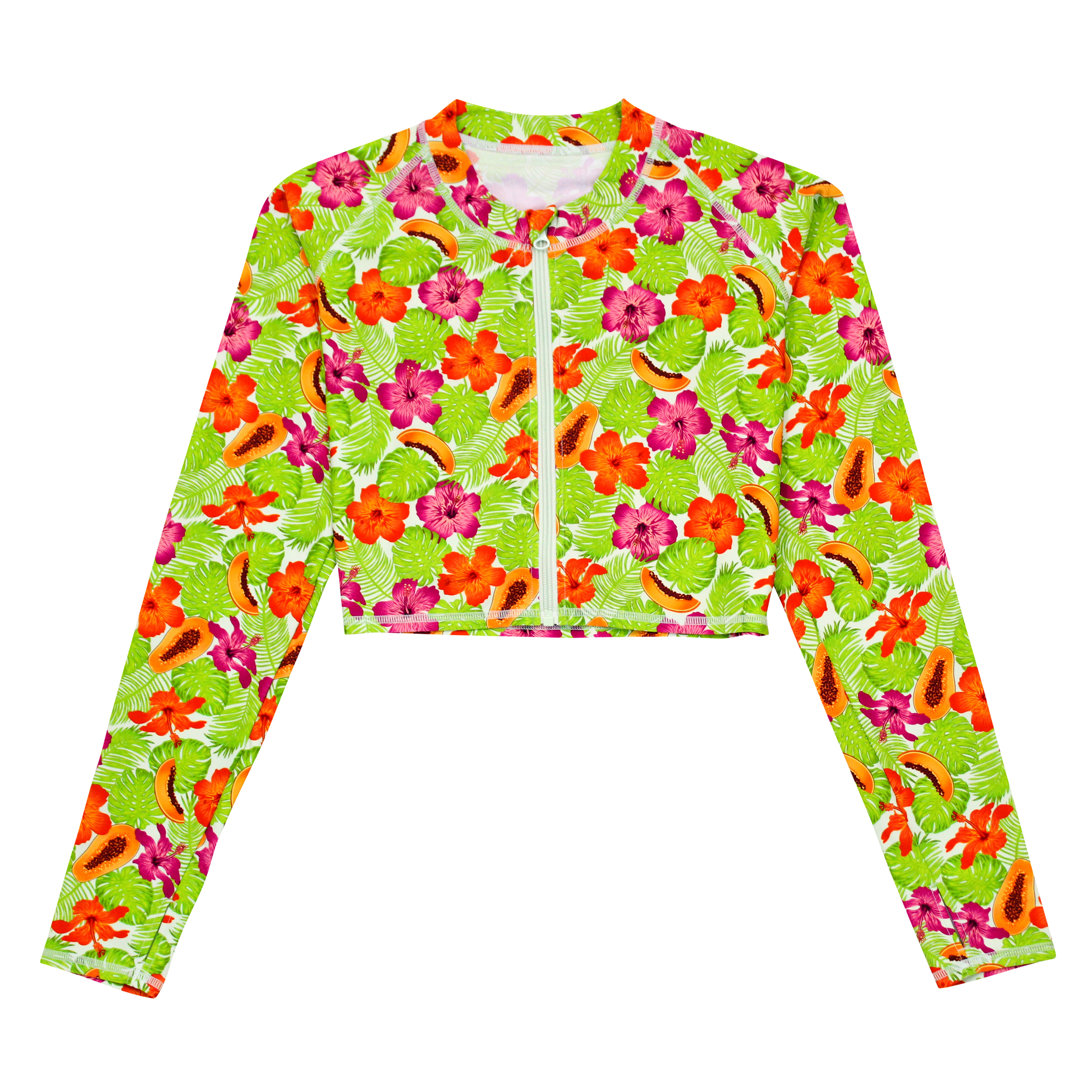 Women's Long Sleeve Crop Rash Guard | “Hibiscus”-XS-Hibiscus-SwimZip UPF 50+ Sun Protective Swimwear & UV Zipper Rash Guards-pos1