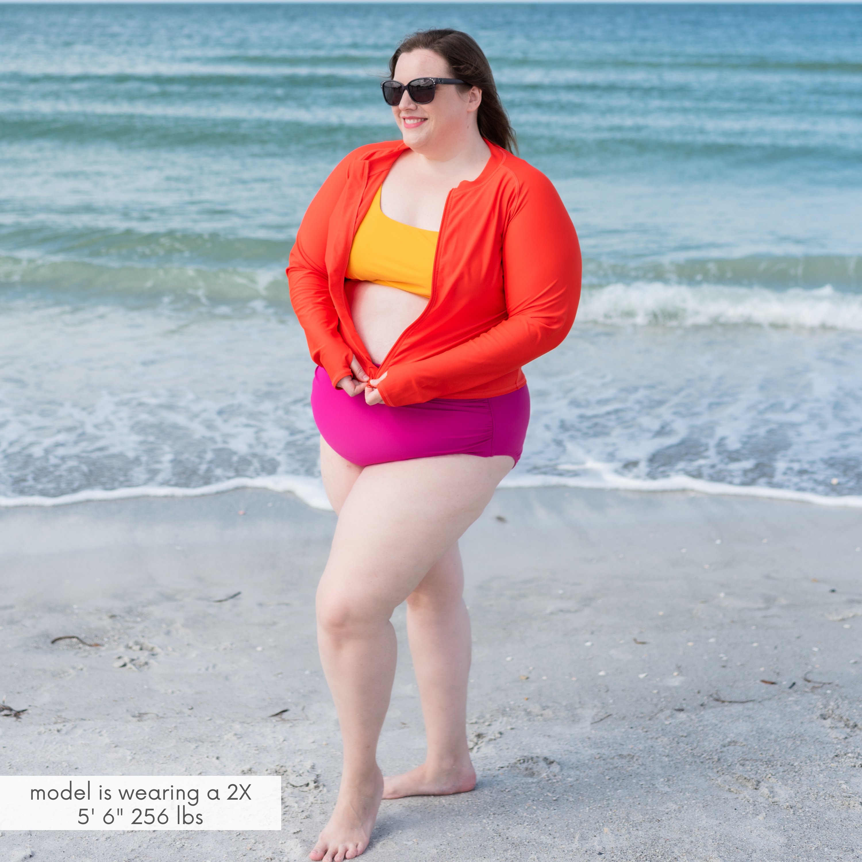 Women's Long Sleeve Crop Rash Guard | “Fiesta Red”-SwimZip UPF 50+ Sun Protective Swimwear & UV Zipper Rash Guards-pos4