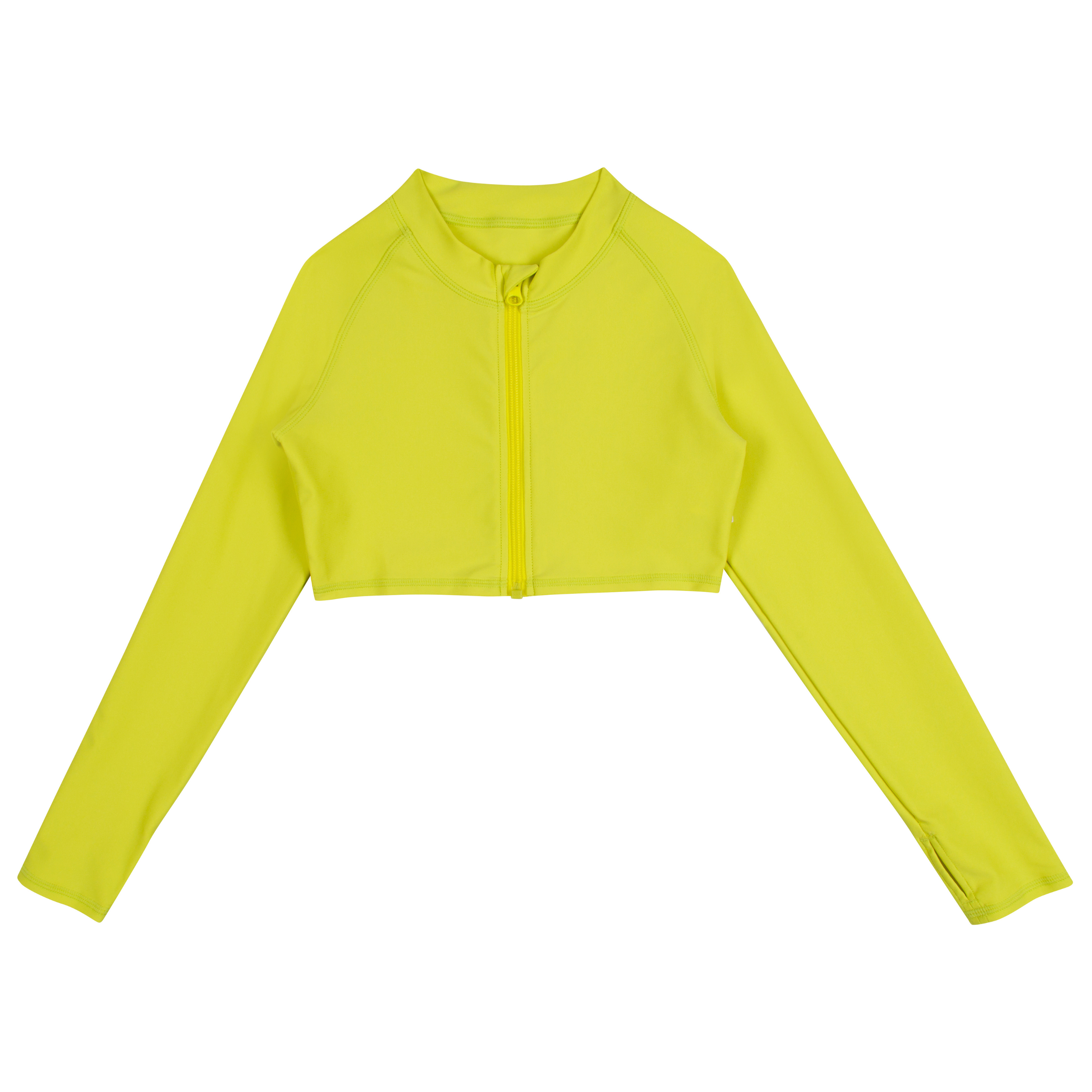 Girls Long Sleeve Crop Rash Guard | "Sulphur Yellow"-6-8-Sulphur Yellow-SwimZip UPF 50+ Sun Protective Swimwear & UV Zipper Rash Guards-pos1
