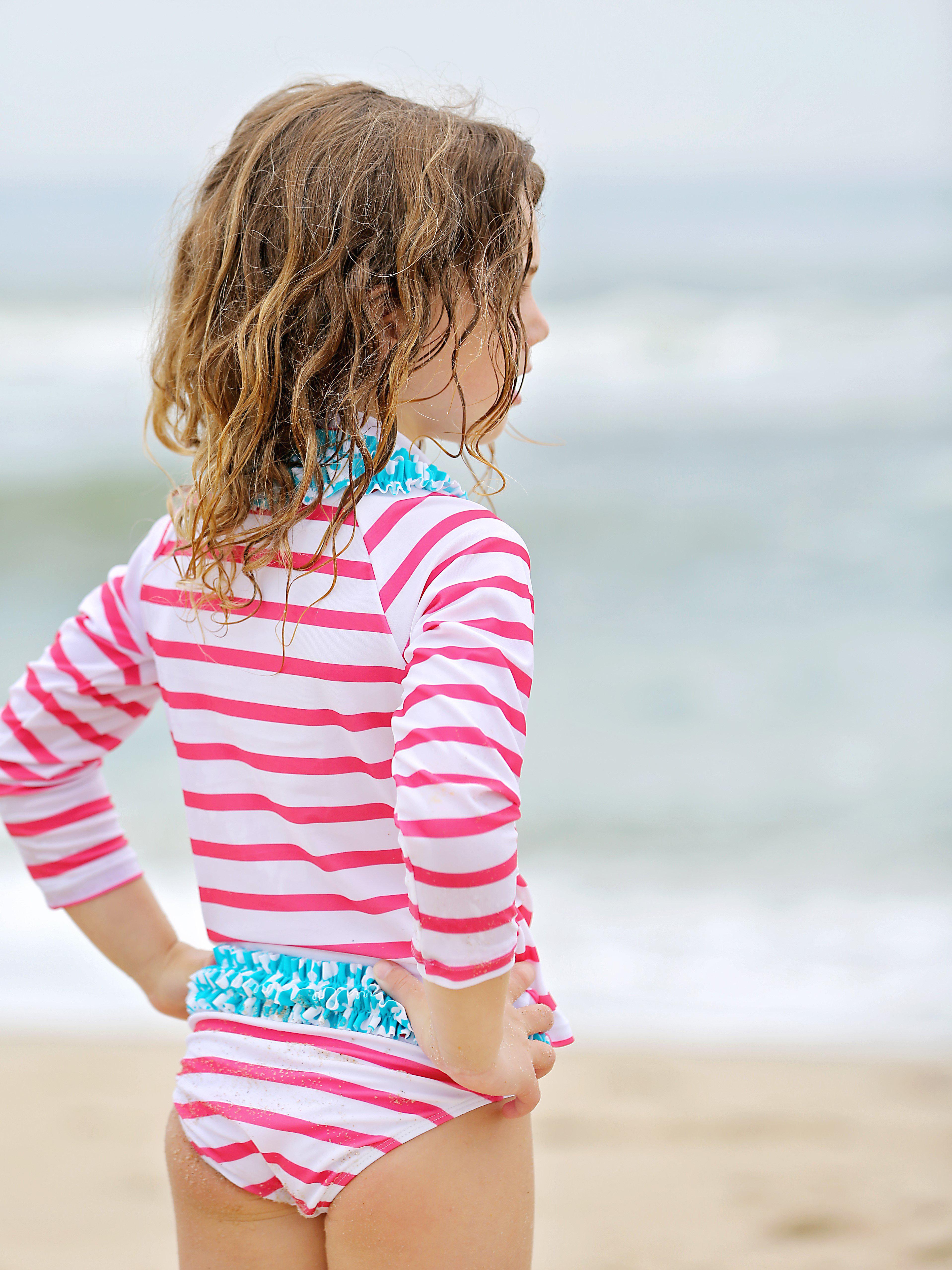 Girls Long Sleeve Rash Guard Ruffle Swimsuit Set (2 Piece) - "Splish Splash"-SwimZip UPF 50+ Sun Protective Swimwear & UV Zipper Rash Guards-pos5