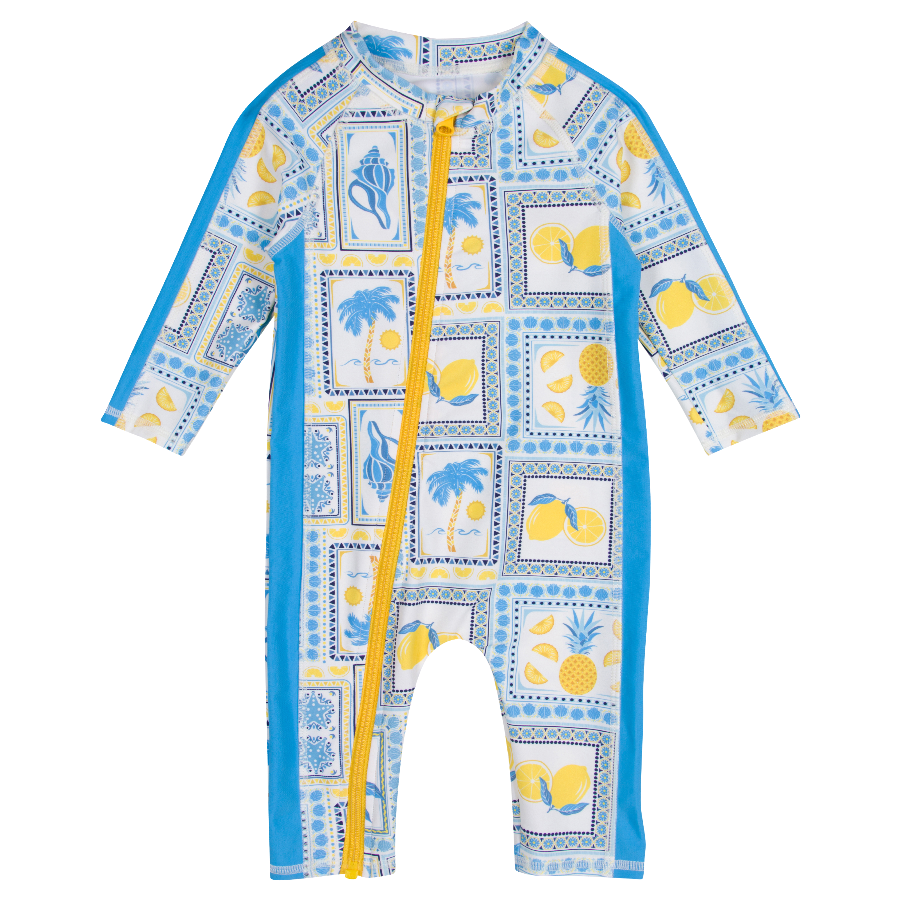 Sunsuit - Long Sleeve Romper Swimsuit | "Mediterranean Lemons"-0-6 Month-Mediterranean Lemons-SwimZip UPF 50+ Sun Protective Swimwear & UV Zipper Rash Guards-pos1