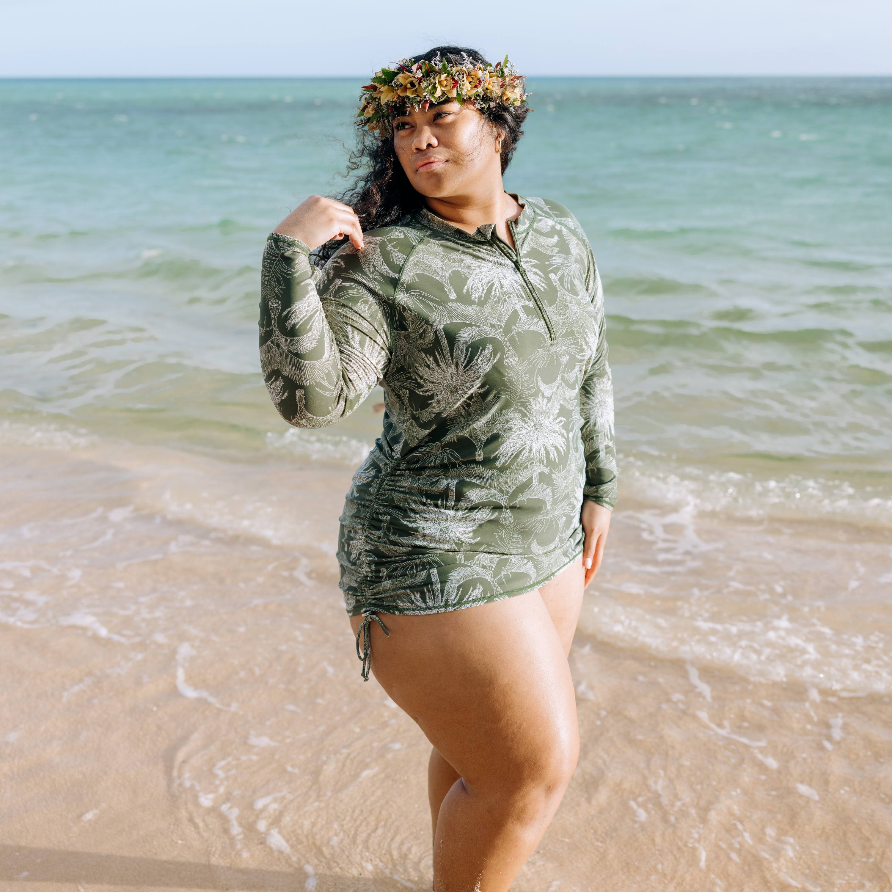 Women's Half Zip Swim Dress Cover Up | "Hawaiian Rainforest"-SwimZip UPF 50+ Sun Protective Swimwear & UV Zipper Rash Guards-pos6