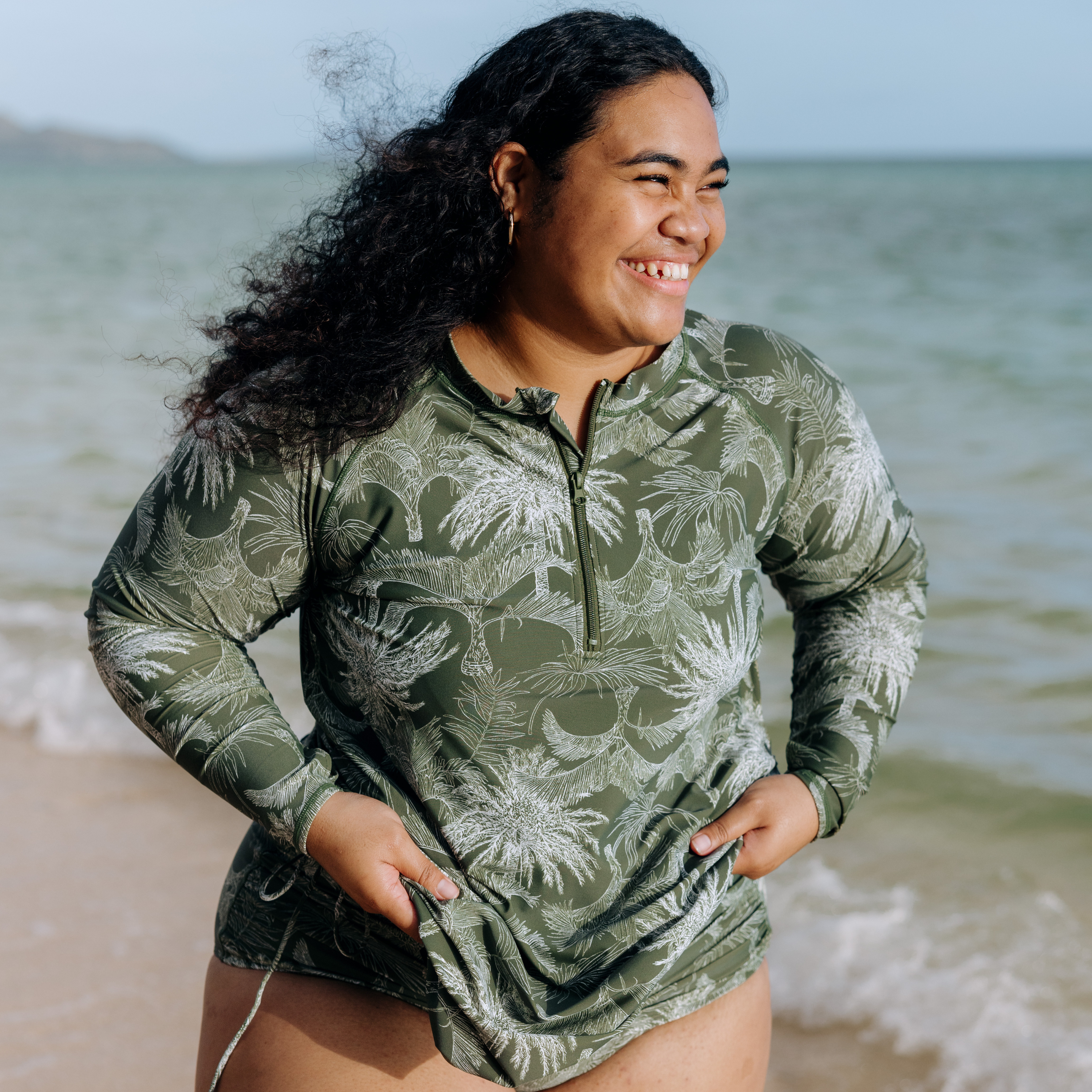 Women's Half Zip Swim Dress Cover Up | "Hawaiian Rainforest"-SwimZip UPF 50+ Sun Protective Swimwear & UV Zipper Rash Guards-pos8