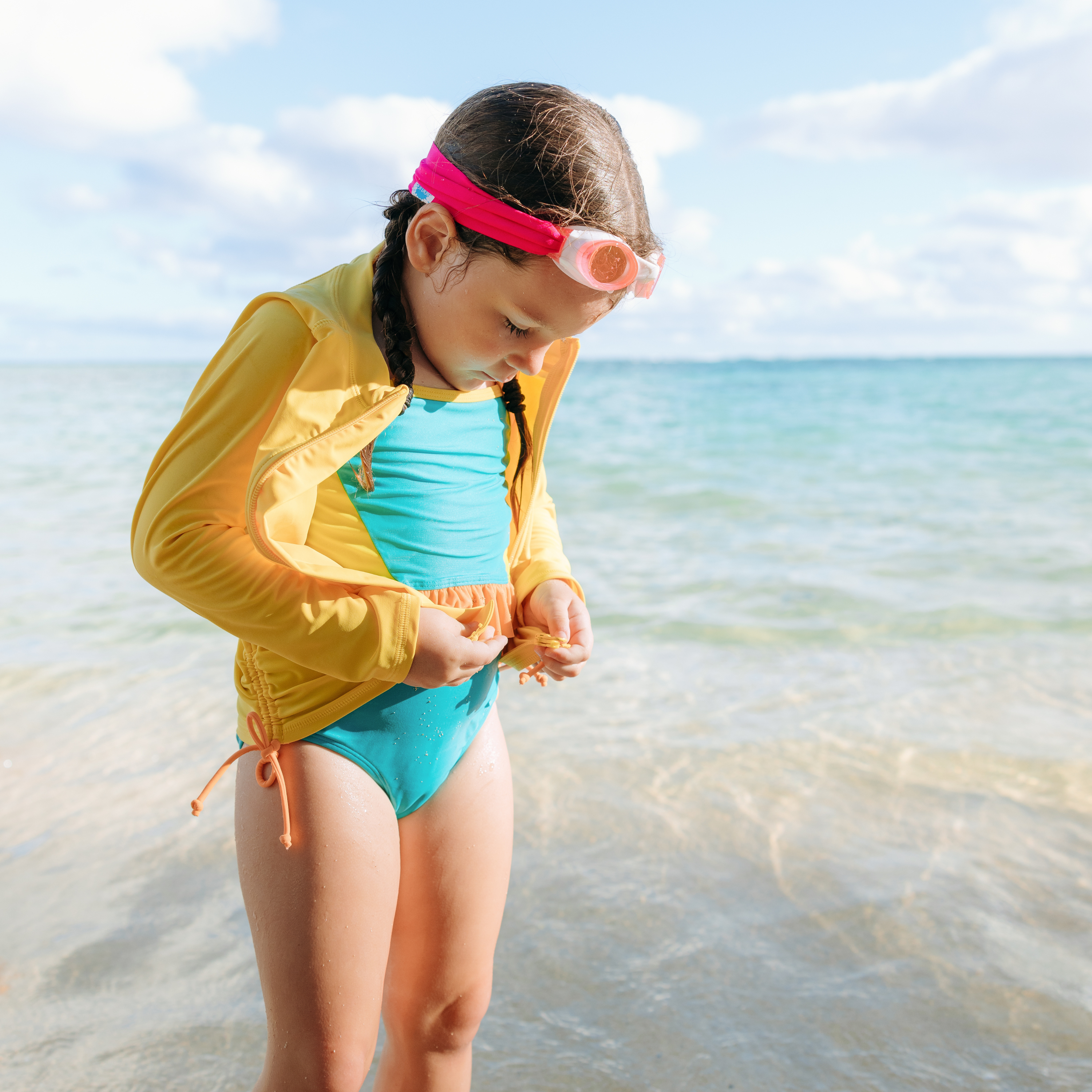 Girls One-Piece Swimsuit + Long Sleeve Rash Guard Set (2 Piece) | "Color Pop"-SwimZip UPF 50+ Sun Protective Swimwear & UV Zipper Rash Guards-pos2