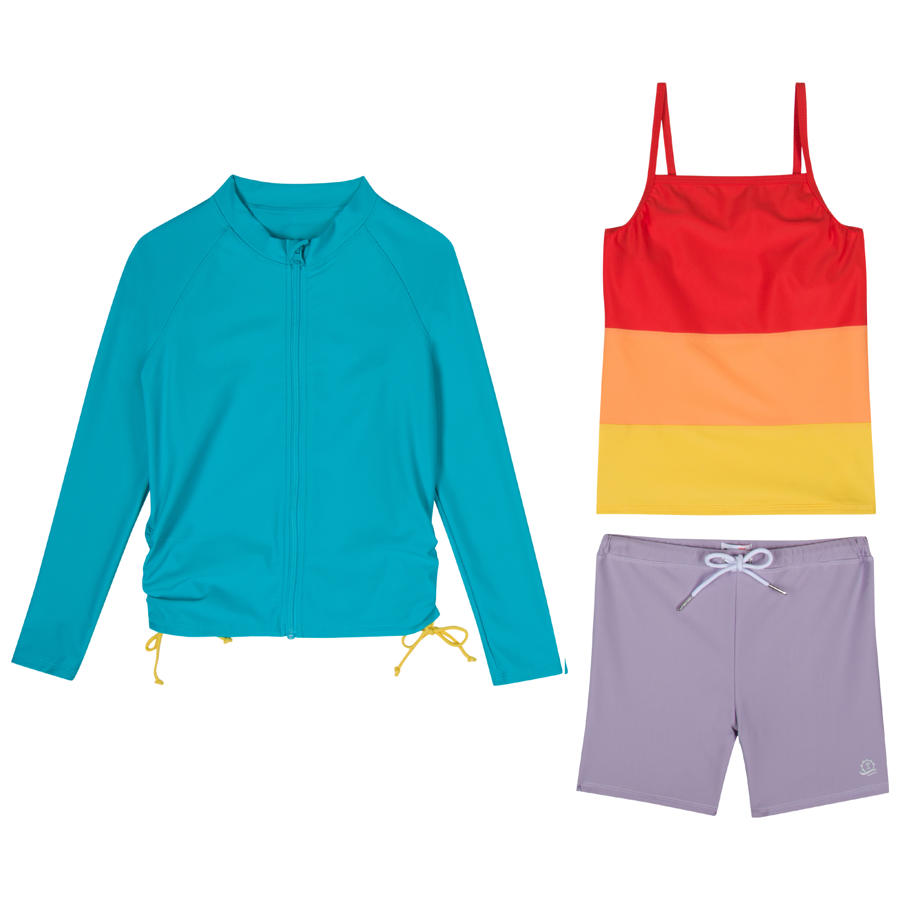 Girls Long Sleeve Rash Guard + Tankini Shorts Set (3 Piece) | "Color Pop"-2T-Color Pop-SwimZip UPF 50+ Sun Protective Swimwear & UV Zipper Rash Guards-pos1