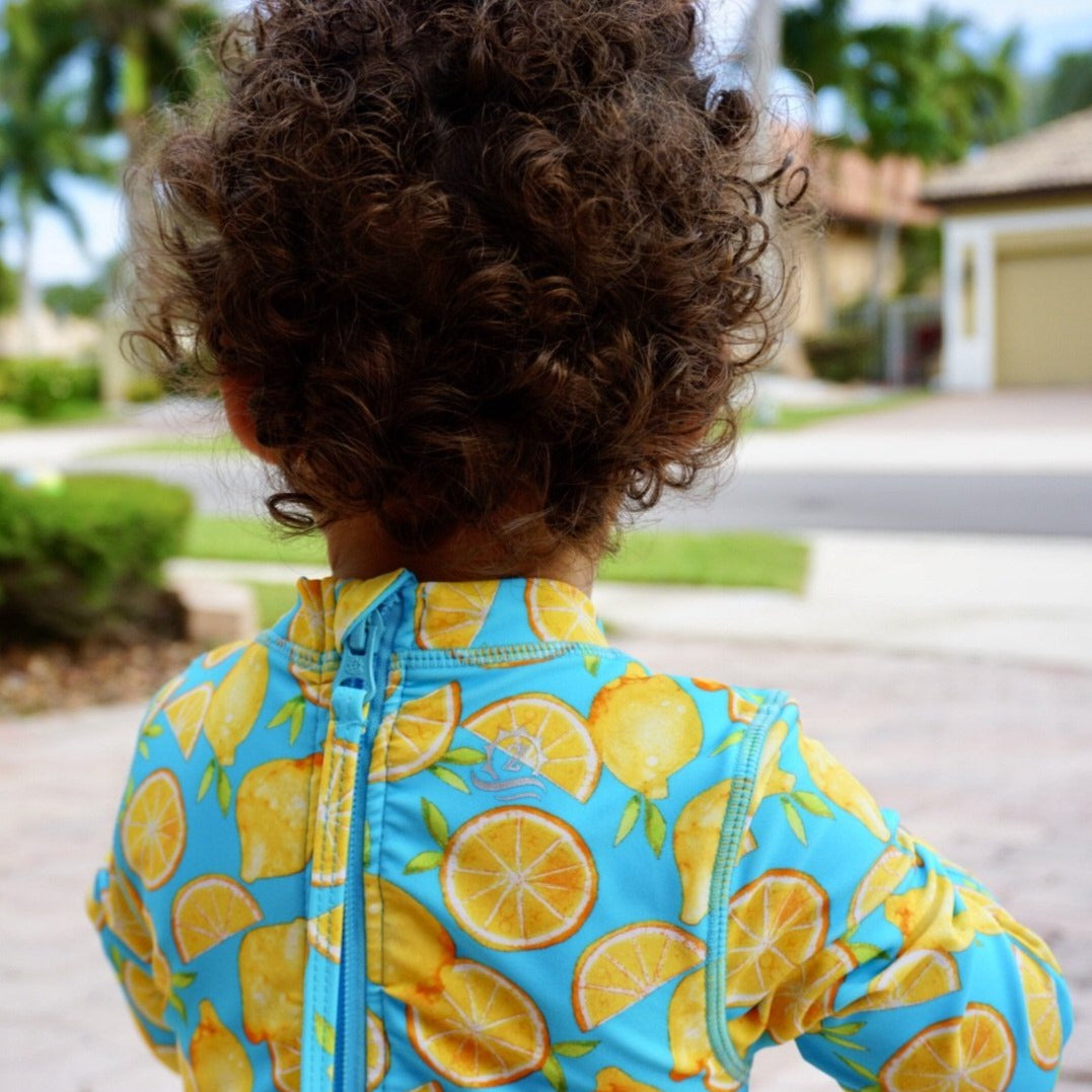 Girls Long Sleeve Surf Suit (One Piece Bodysuit) | "Lemons"-SwimZip UPF 50+ Sun Protective Swimwear & UV Zipper Rash Guards-pos12