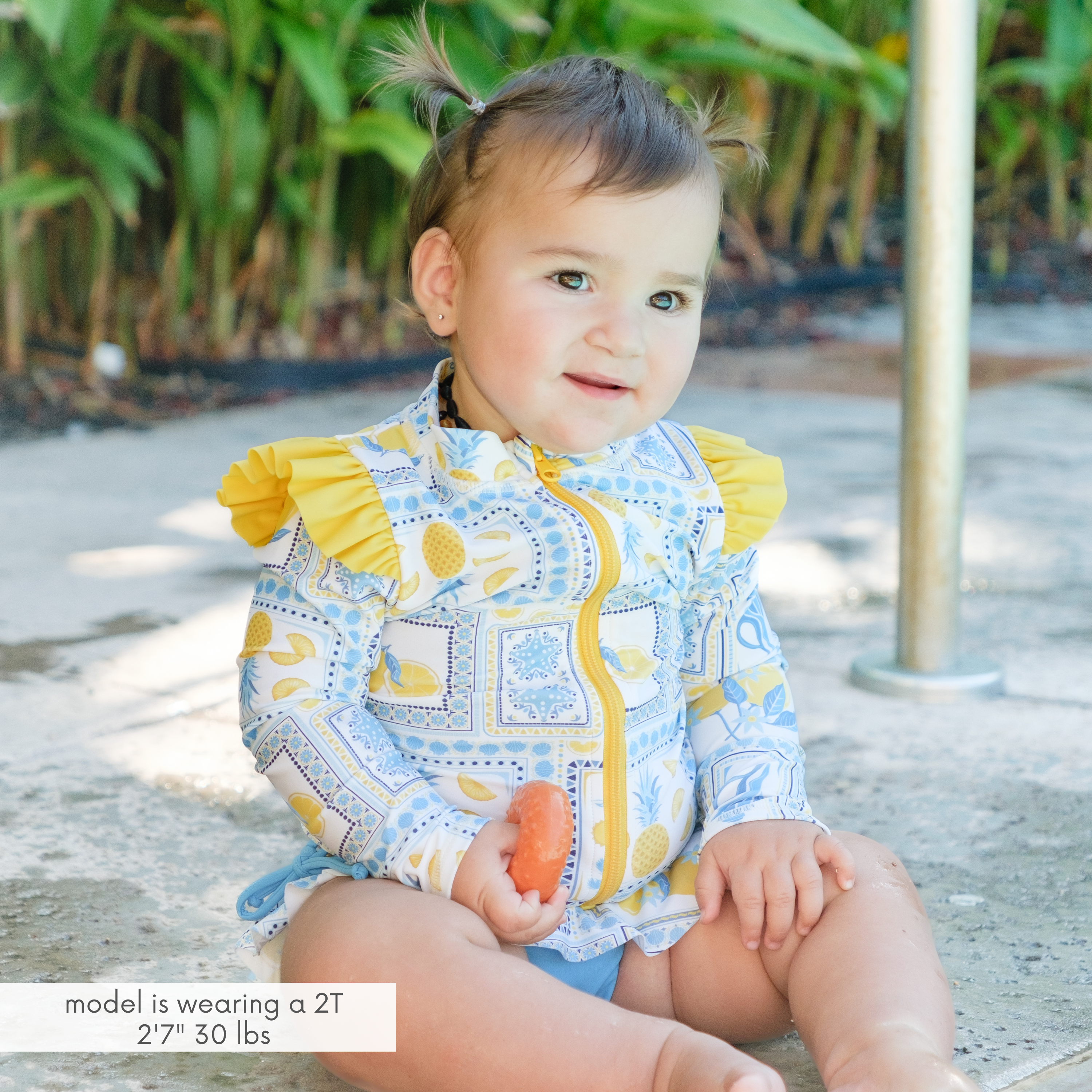 Girls Long Sleeve Rash Guard Ruffle Bottom Swimsuit Set (2 Piece) | "Mediterranean Lemons"-SwimZip UPF 50+ Sun Protective Swimwear & UV Zipper Rash Guards-pos2