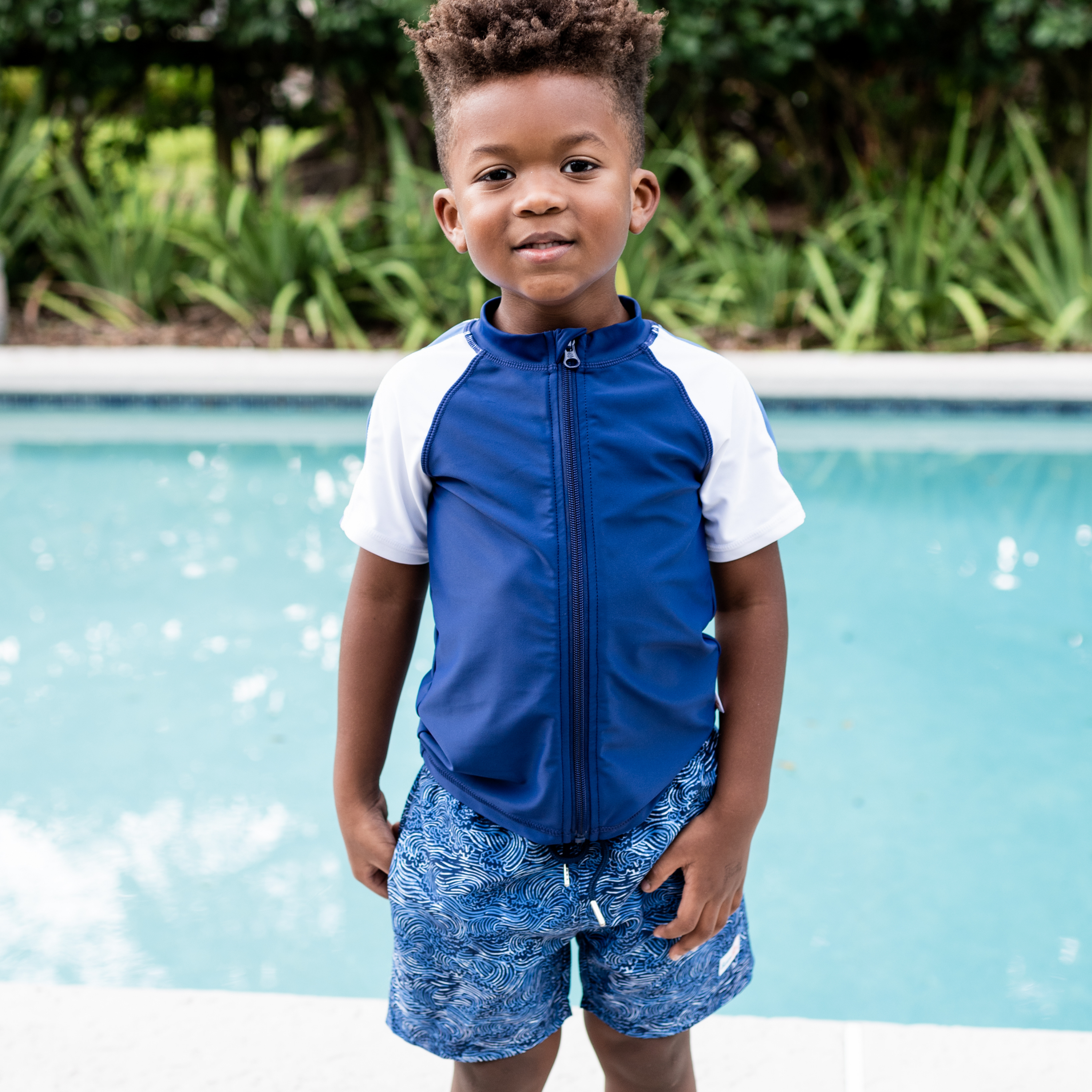 Boys Short Sleeve Zipper Rash Guard and Swim Trunk Set | "Ocean Breeze"-SwimZip UPF 50+ Sun Protective Swimwear & UV Zipper Rash Guards-pos2