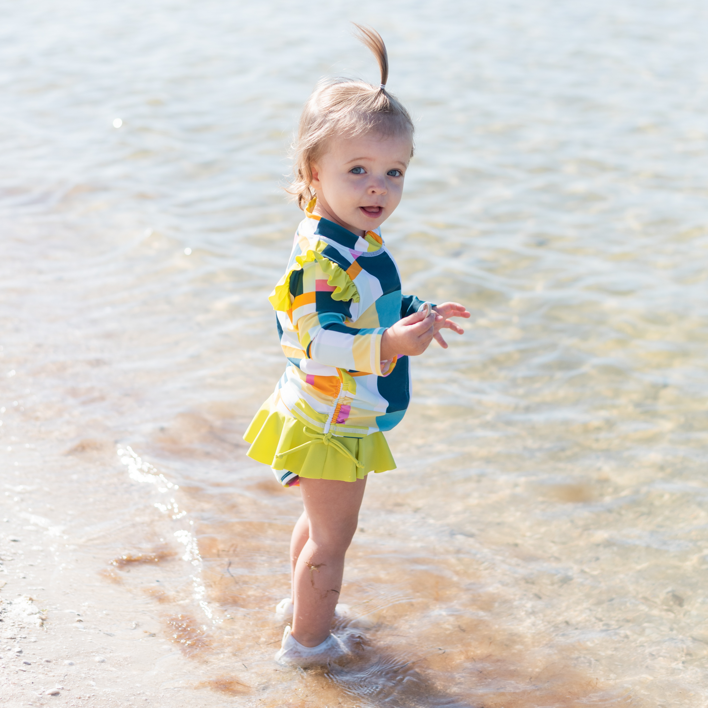 Girls Long Sleeve Rash Guard Ruffle Bottom Swimsuit Set (2 Piece) | "Check It Out"-SwimZip UPF 50+ Sun Protective Swimwear & UV Zipper Rash Guards-pos2