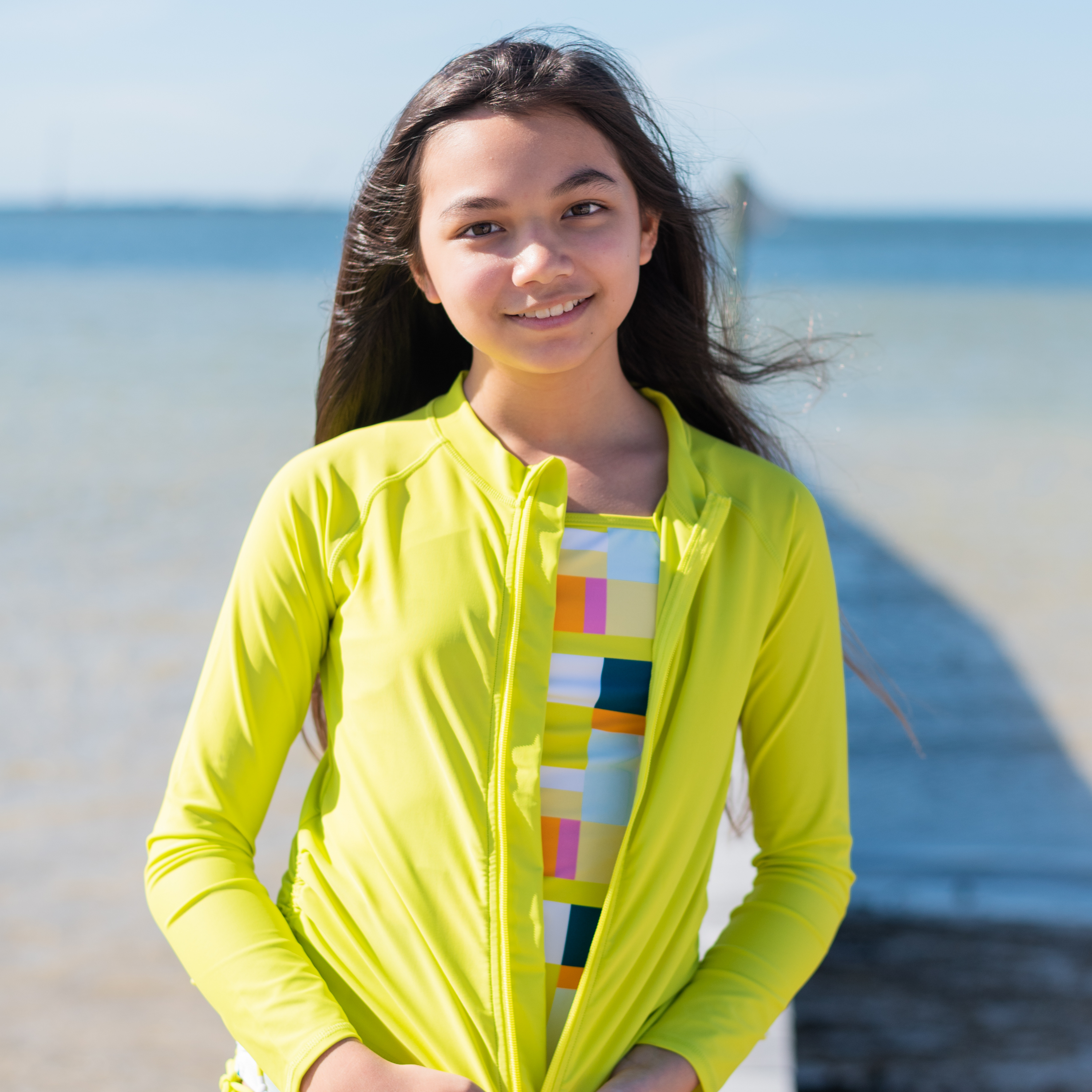 Girls Long Sleeve Rash Guard + Tankini Bikini Set (3 Piece) | "Check It Out"-SwimZip UPF 50+ Sun Protective Swimwear & UV Zipper Rash Guards-pos2