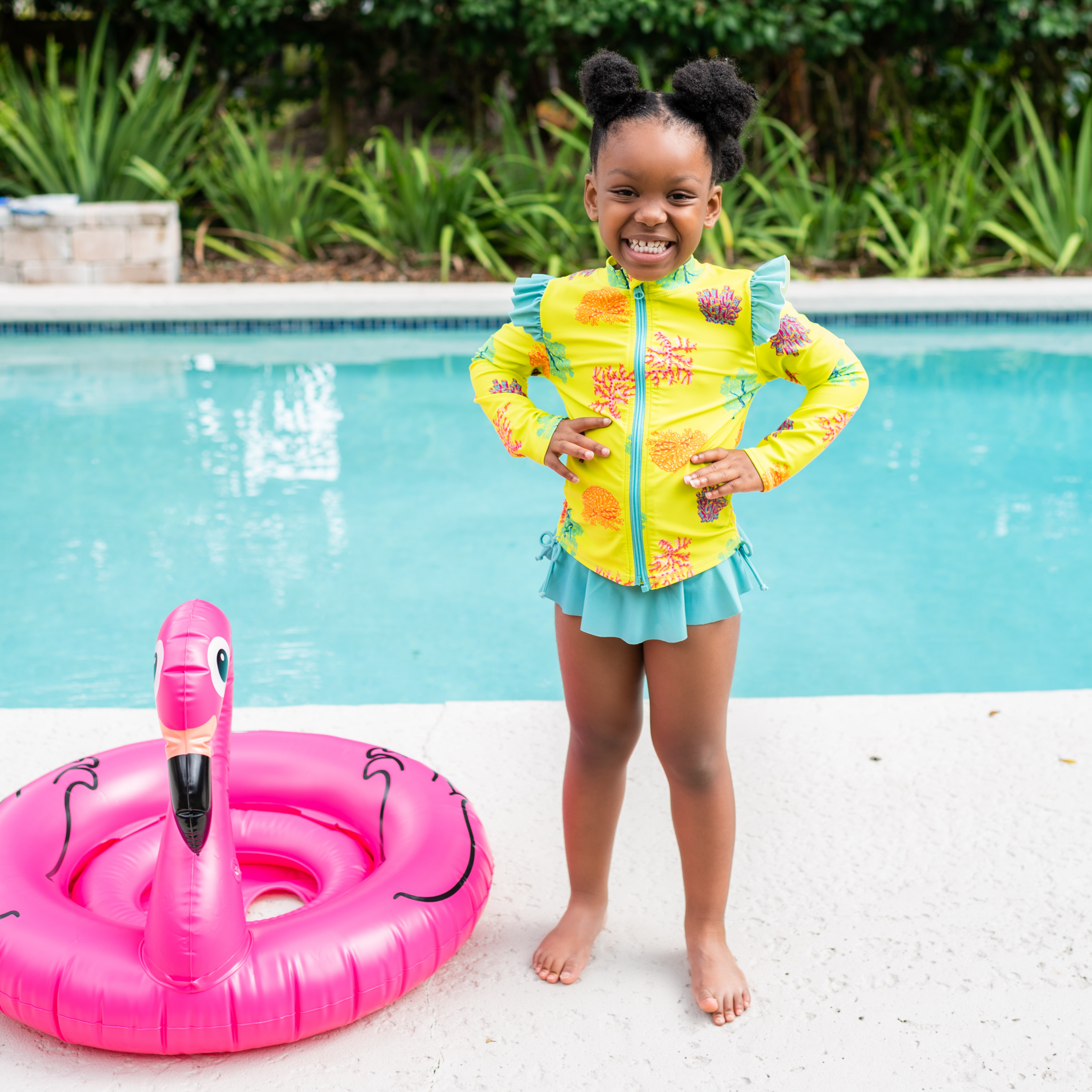 Girls Long Sleeve Rash Guard Ruffle Bottom Swimsuit Set (2 Piece) | "Coral"-SwimZip UPF 50+ Sun Protective Swimwear & UV Zipper Rash Guards-pos2