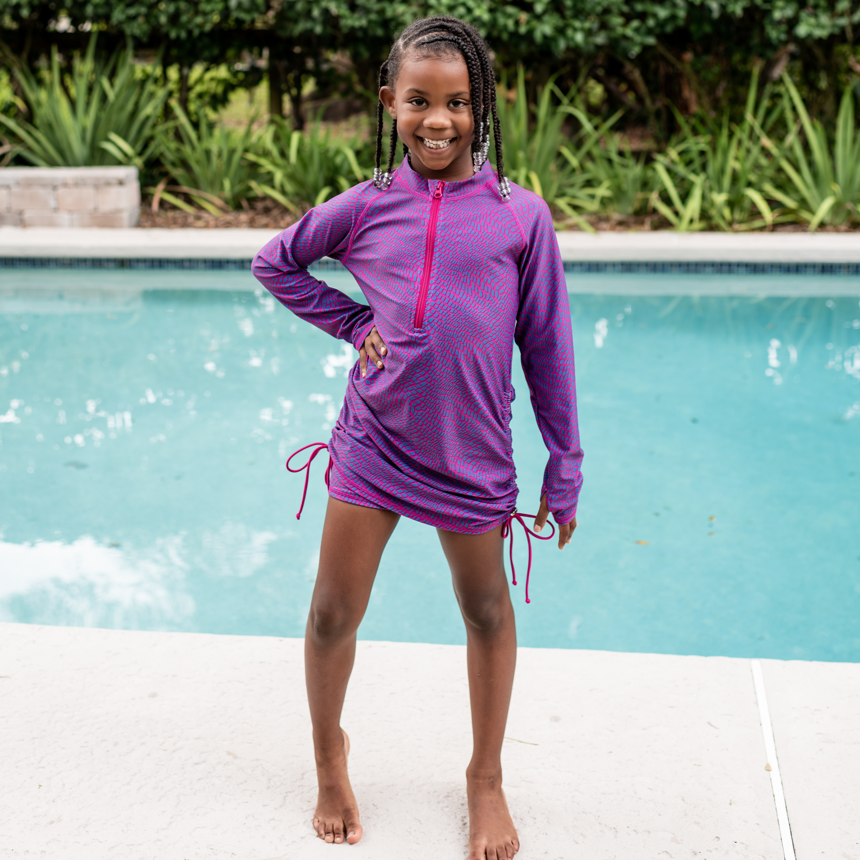 Girls Long Sleeve Swim Dress Cover Up | "In Disguise"-SwimZip UPF 50+ Sun Protective Swimwear & UV Zipper Rash Guards-pos2